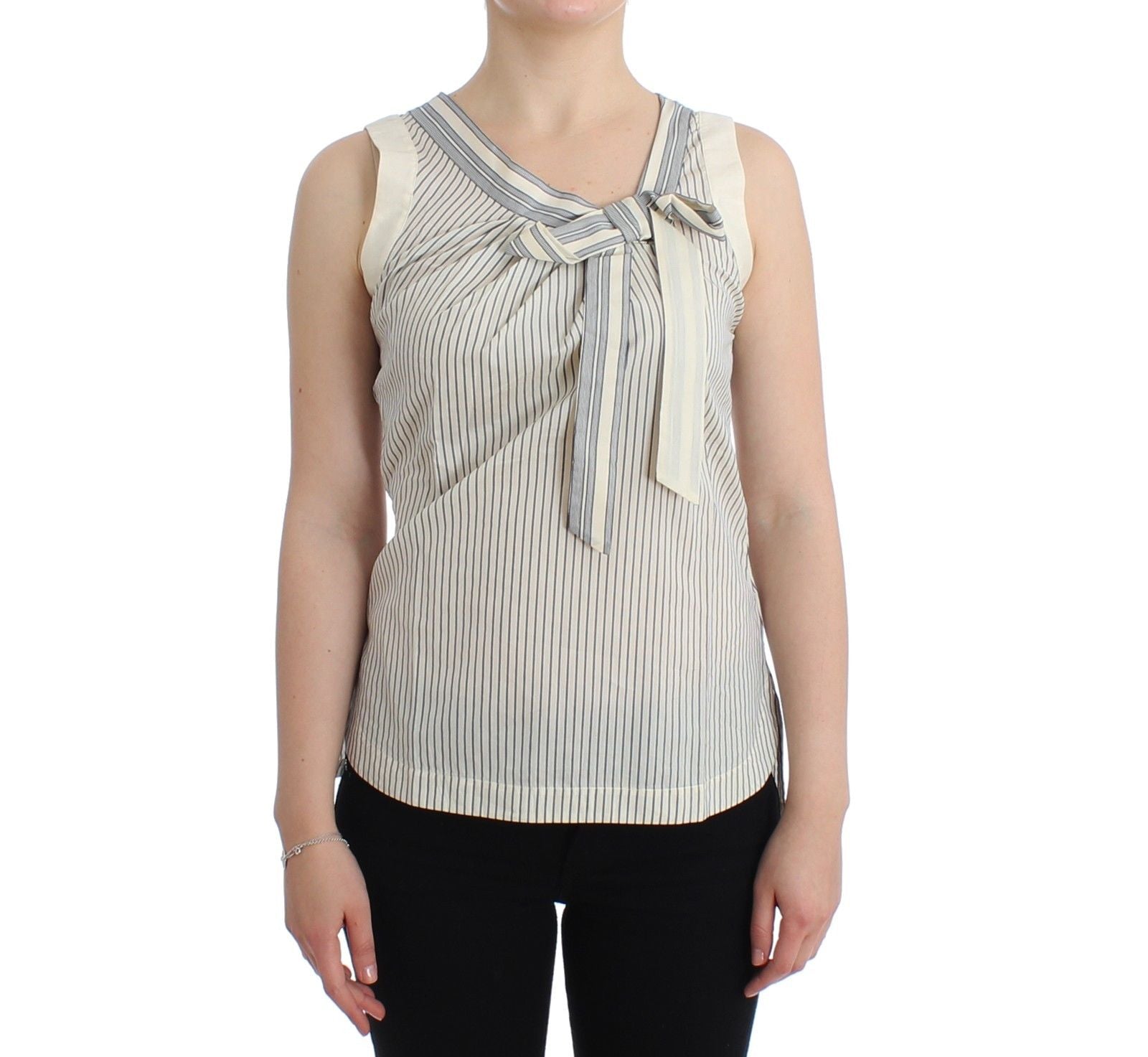 Chic Striped Cotton-Silk Bow Top - ventzia