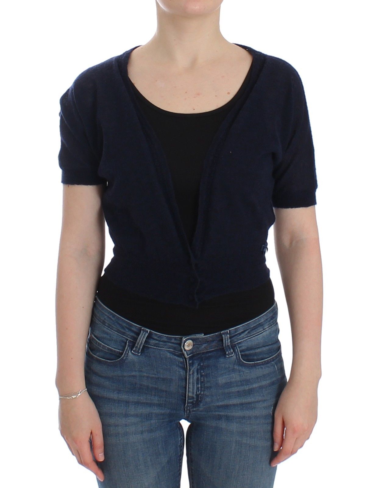 Elegant Cropped Blue Alpaca Blend Sweater - ventzia