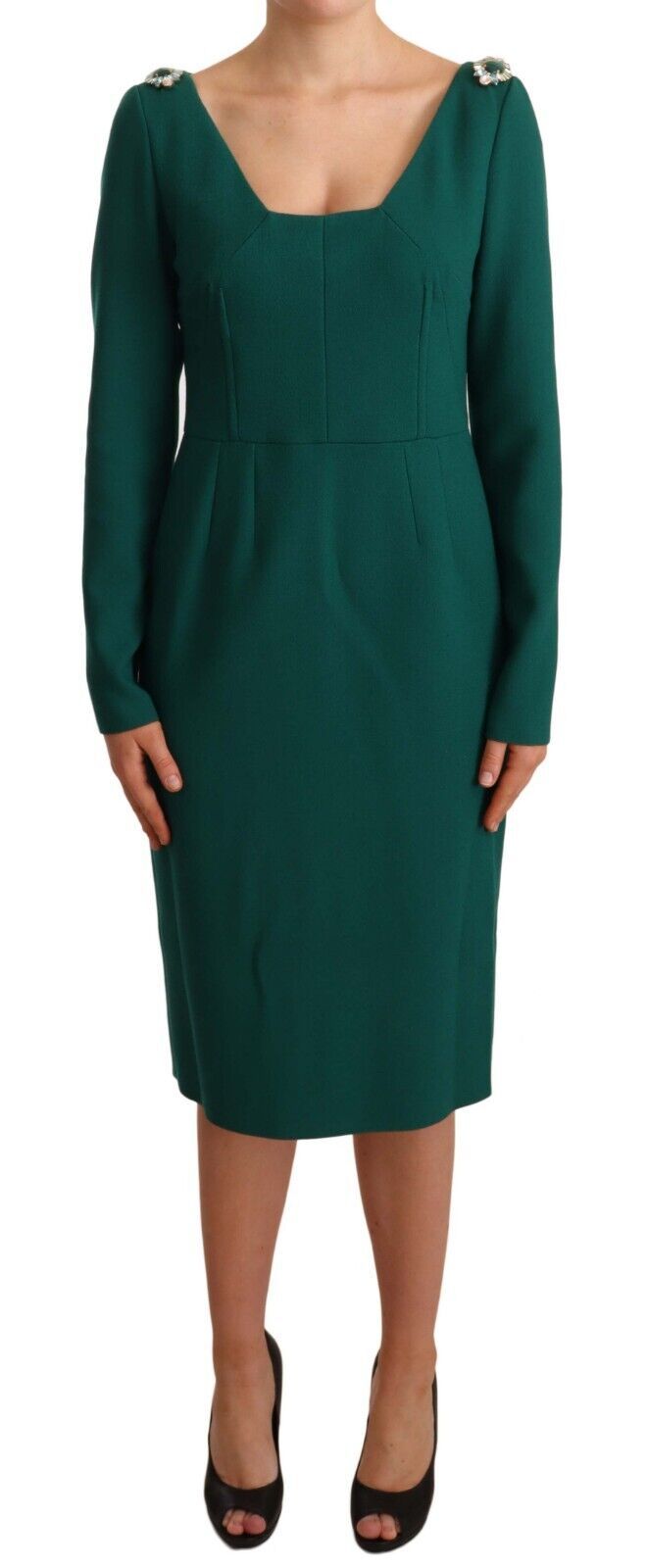 Emerald Green Midi Sheath Dress with Crystal Brooch - ventzia