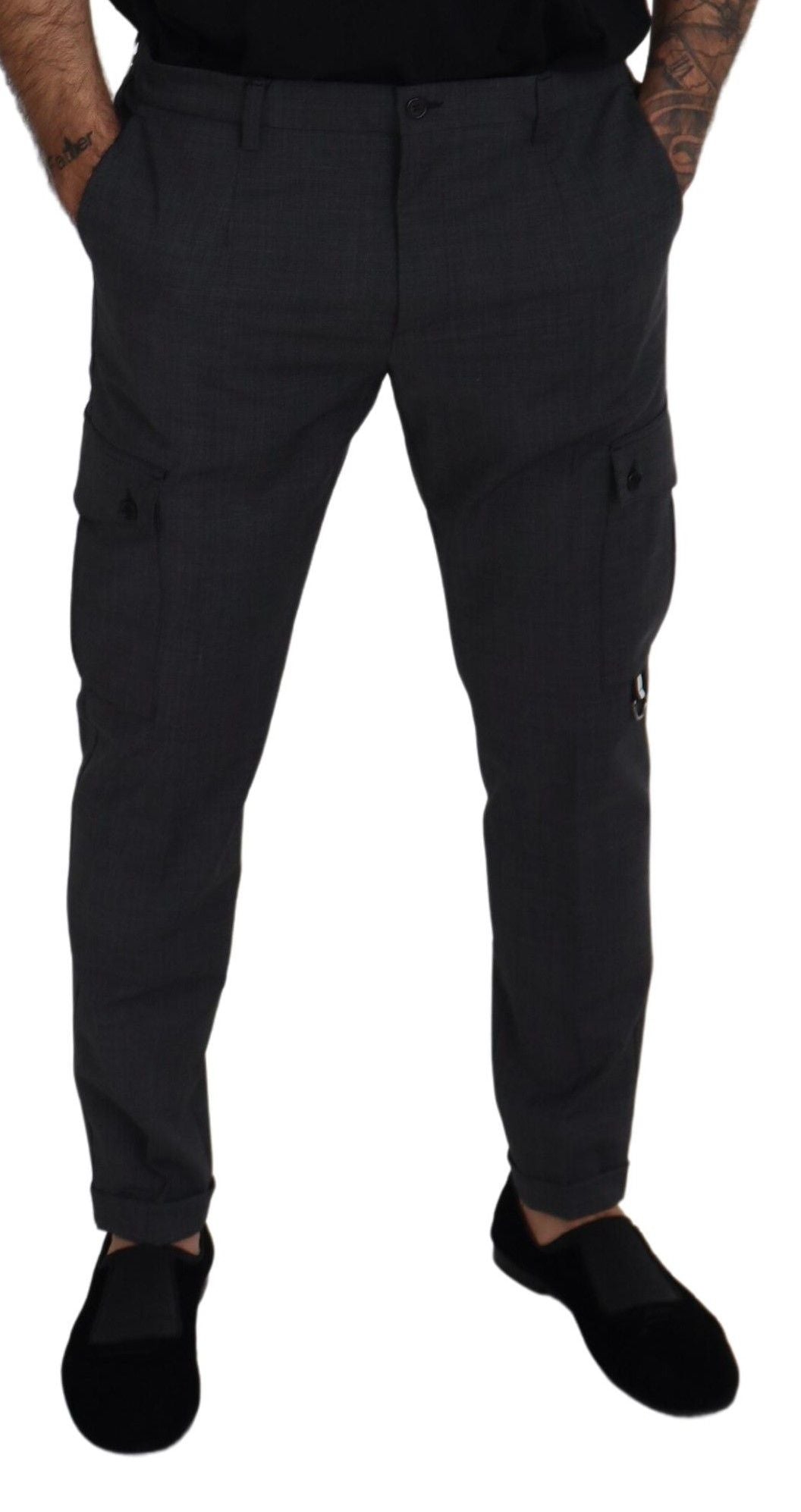 Gray Checked Cargo Trousers Stretch Pants - ventzia