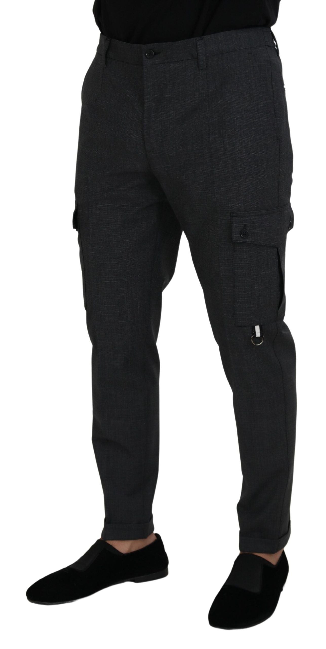 Gray Checked Cargo Trousers Stretch Pants - ventzia