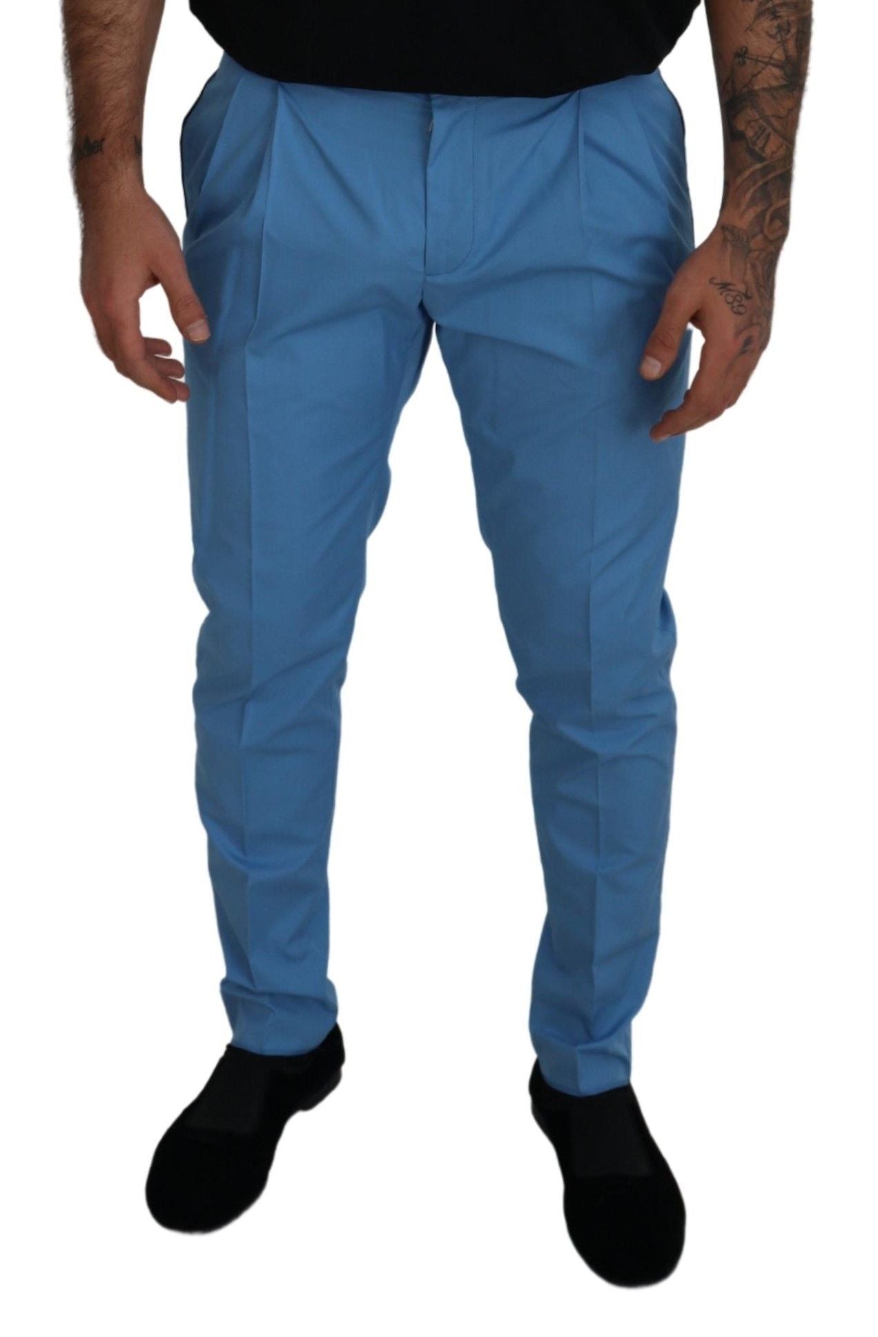 Blue Cotton Silk Trousers Chinos Pants - ventzia