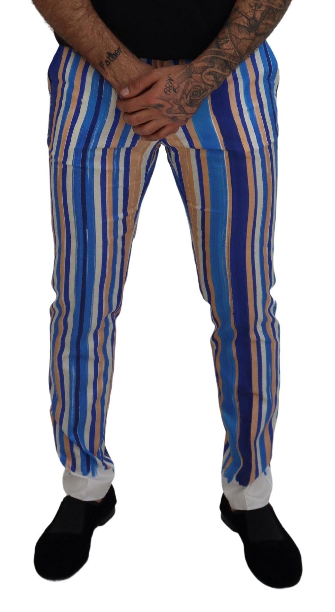 Blue Striped Silk Cotton Slim Trousers Pants - ventzia