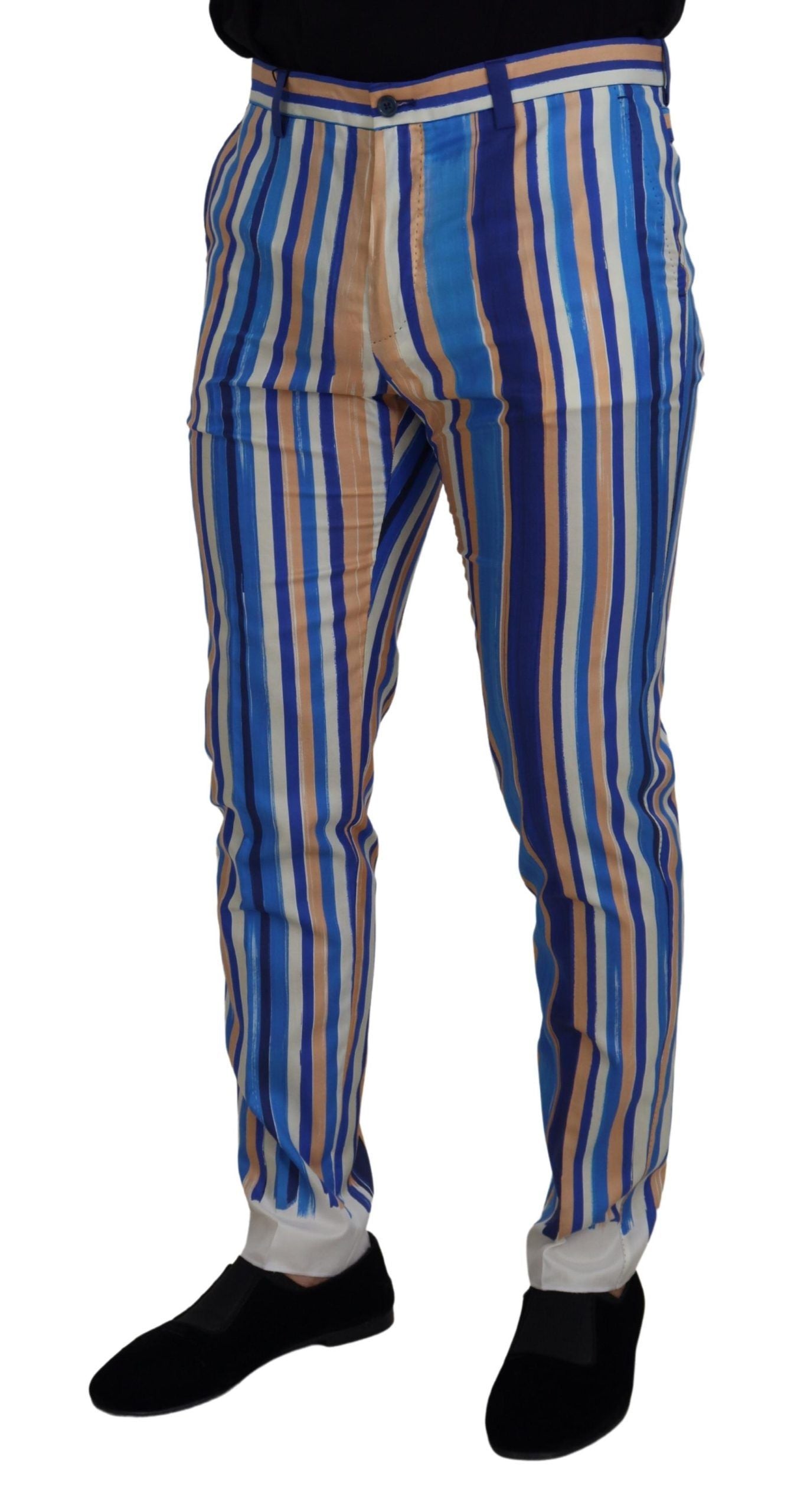 Blue Striped Silk Cotton Slim Trousers Pants - ventzia