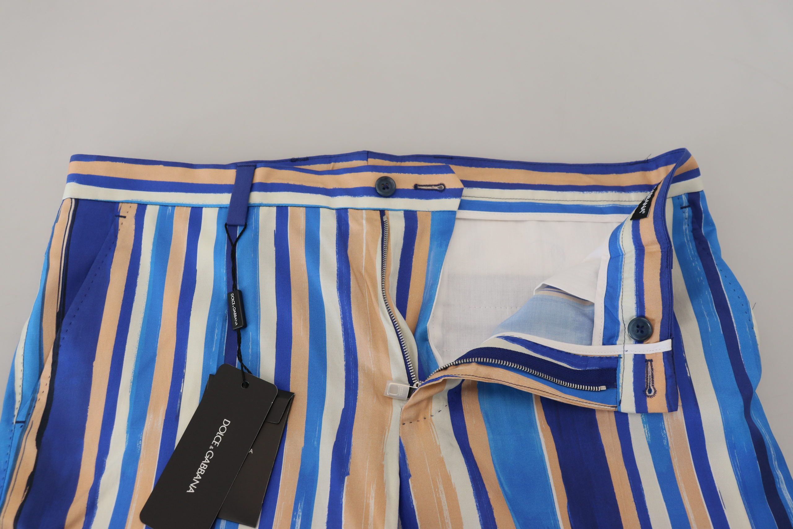 Blue Striped Silk Cotton Slim Trousers Pants - ventzia