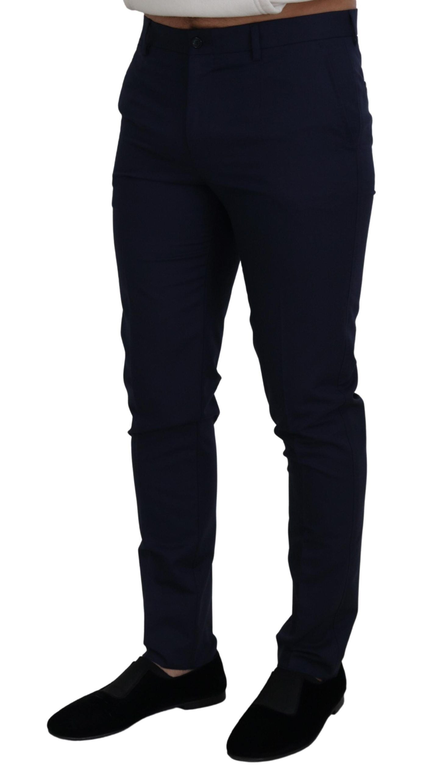 Blue Linen Cotton Slim Trousers Chinos Pants - ventzia