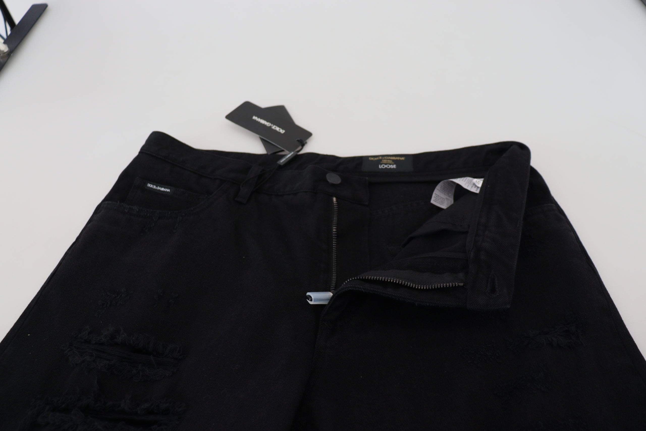 Black Loose Regular Torn Cotton Jeans - ventzia