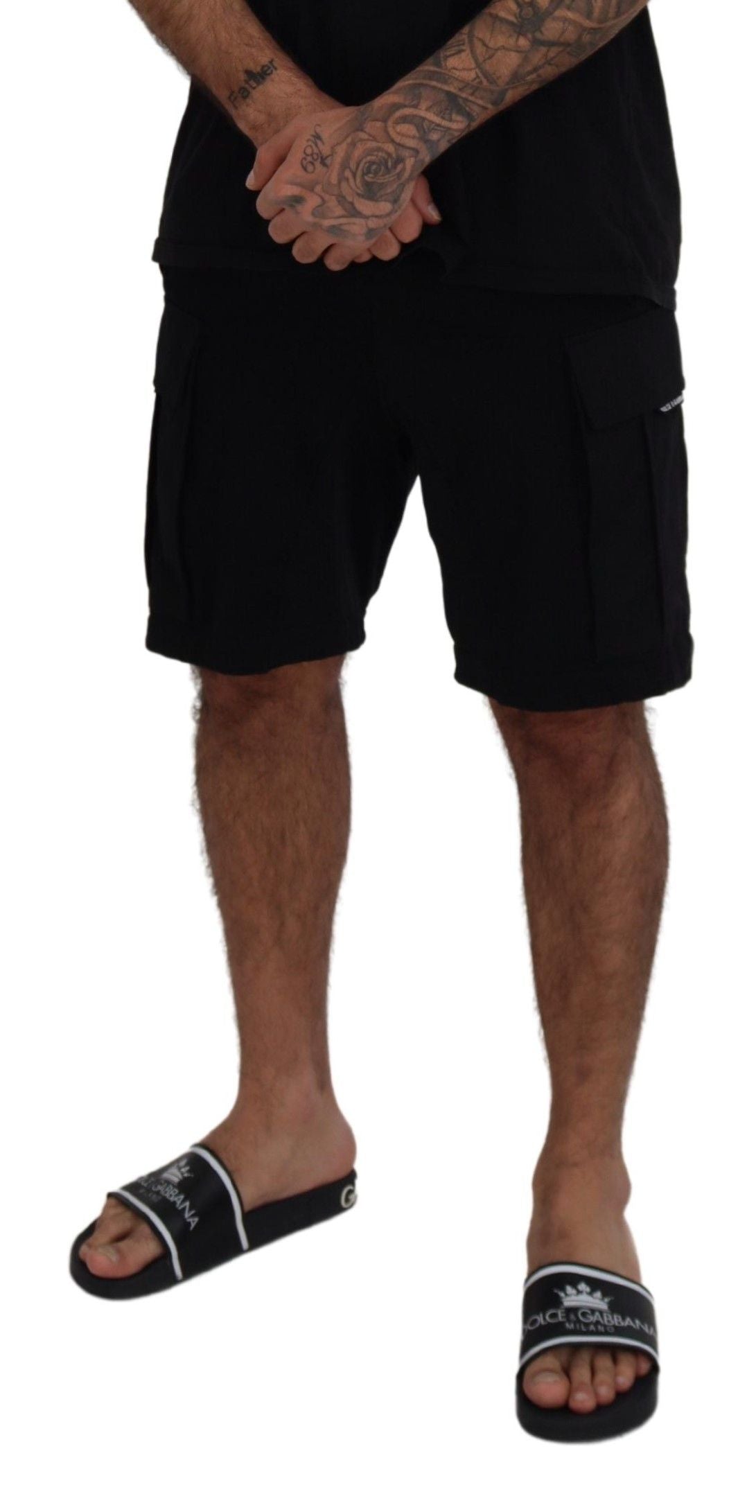 Black Cotton Bermuda Cargo Shorts - ventzia