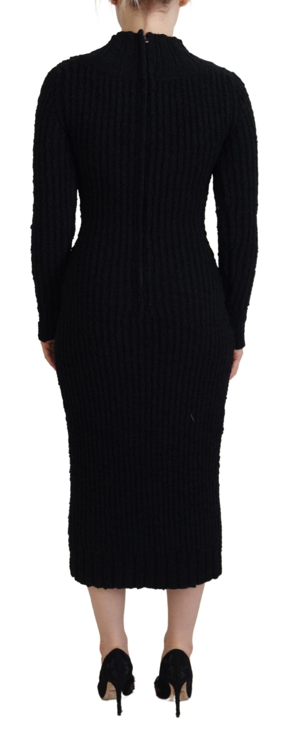 Black Wool Knitted Sheath Sweater Dress - ventzia