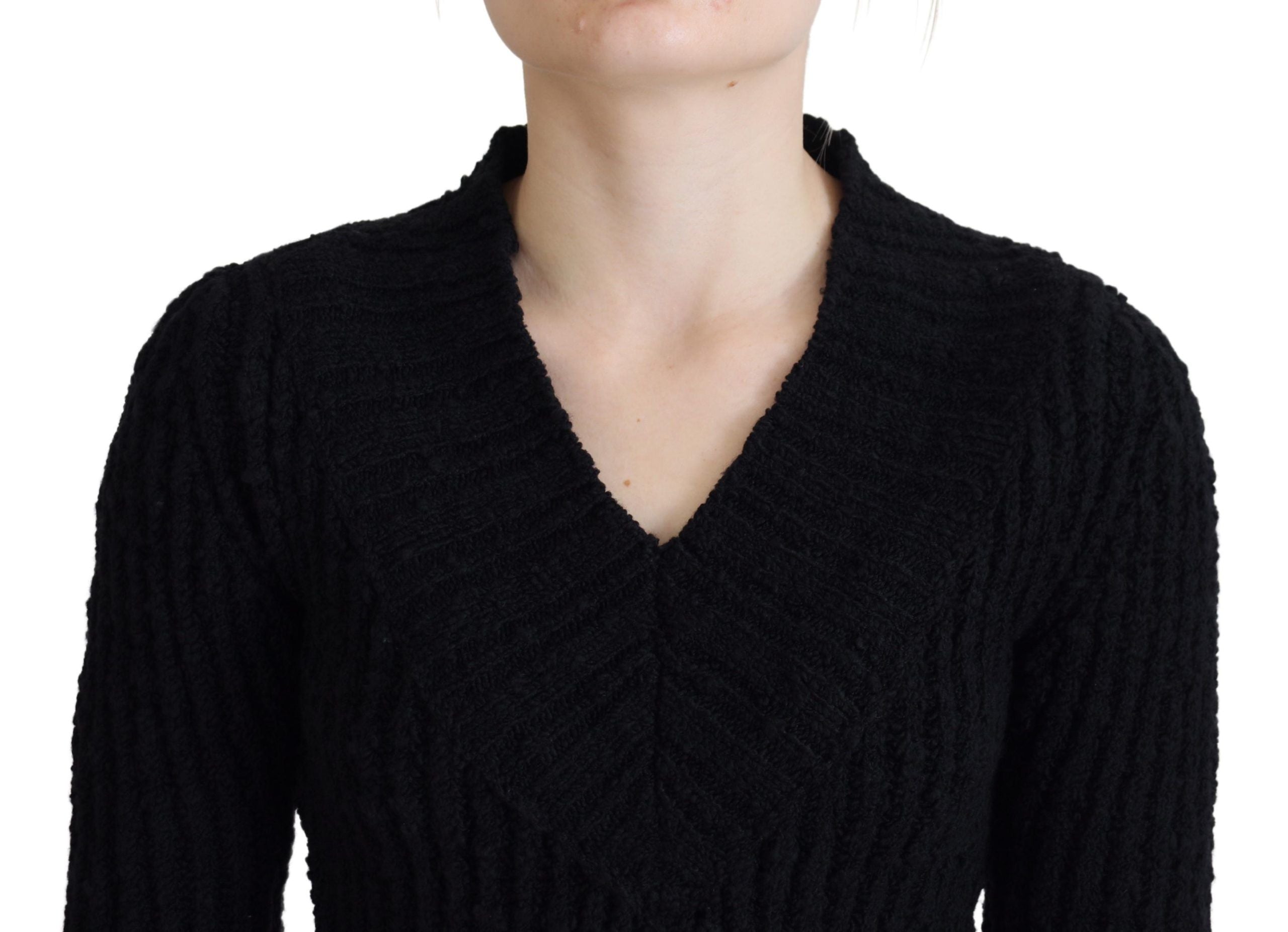 Black Wool Knitted Sheath Sweater Dress - ventzia