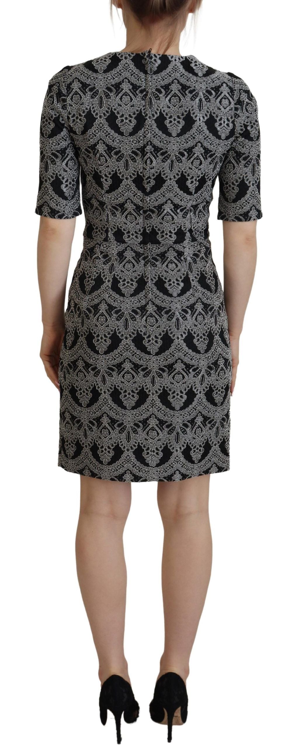 Black Gray Jacquard Sheath Bodycon Dress - ventzia