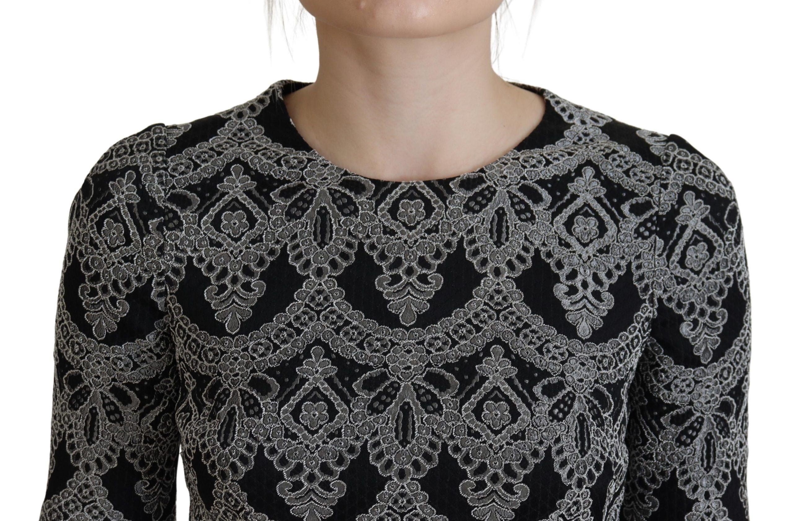 Black Gray Jacquard Sheath Bodycon Dress - ventzia