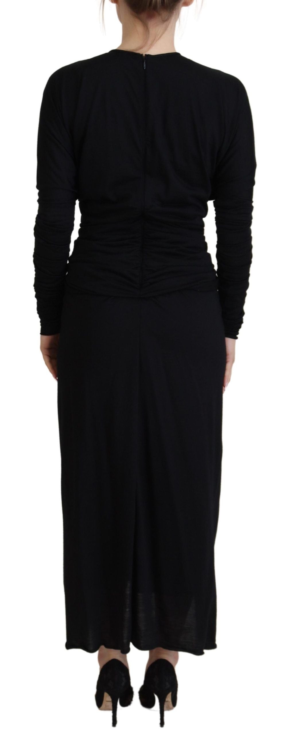Black Sheath Midi Gown Wool Wrap Dress - ventzia