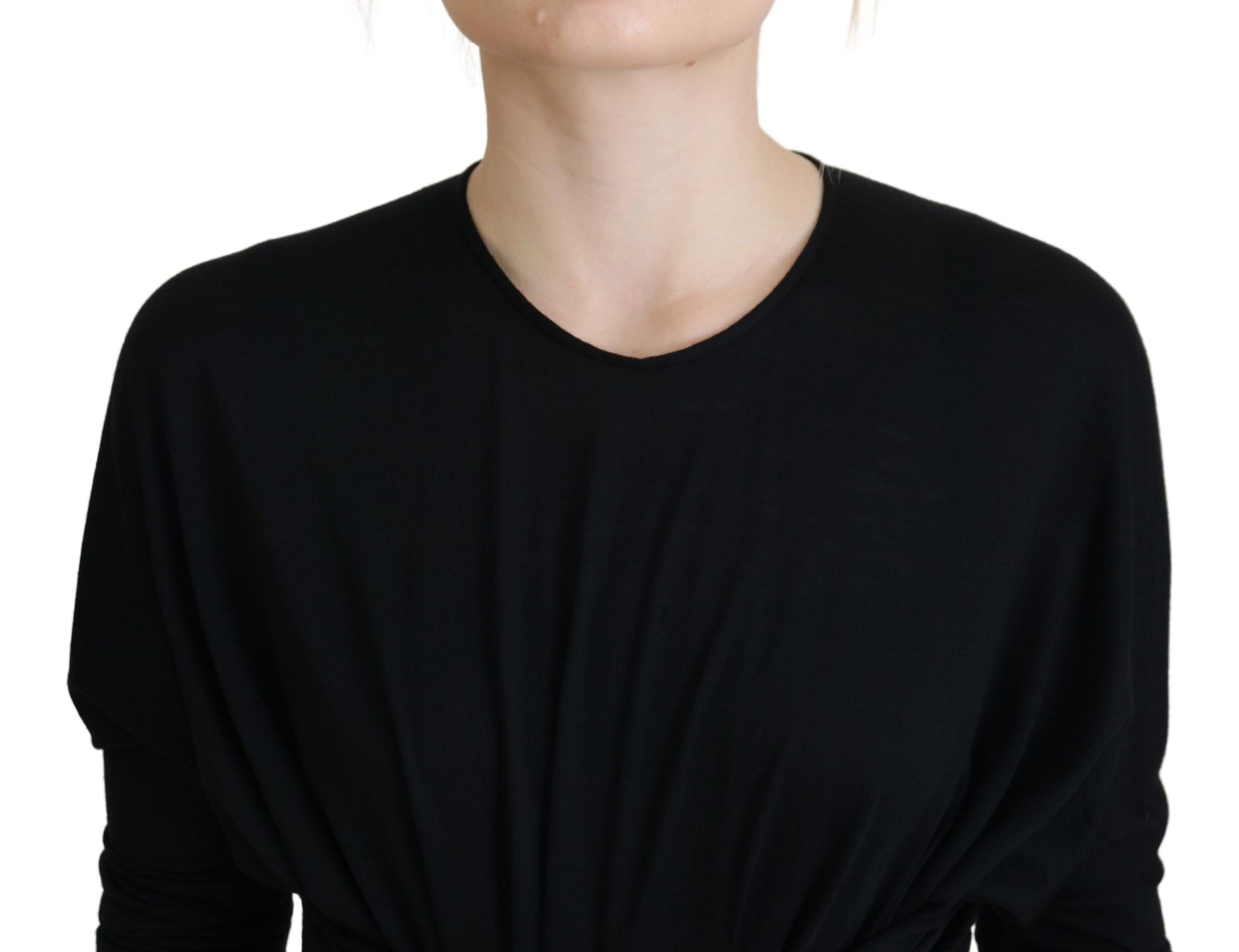 Black Sheath Midi Gown Wool Wrap Dress - ventzia