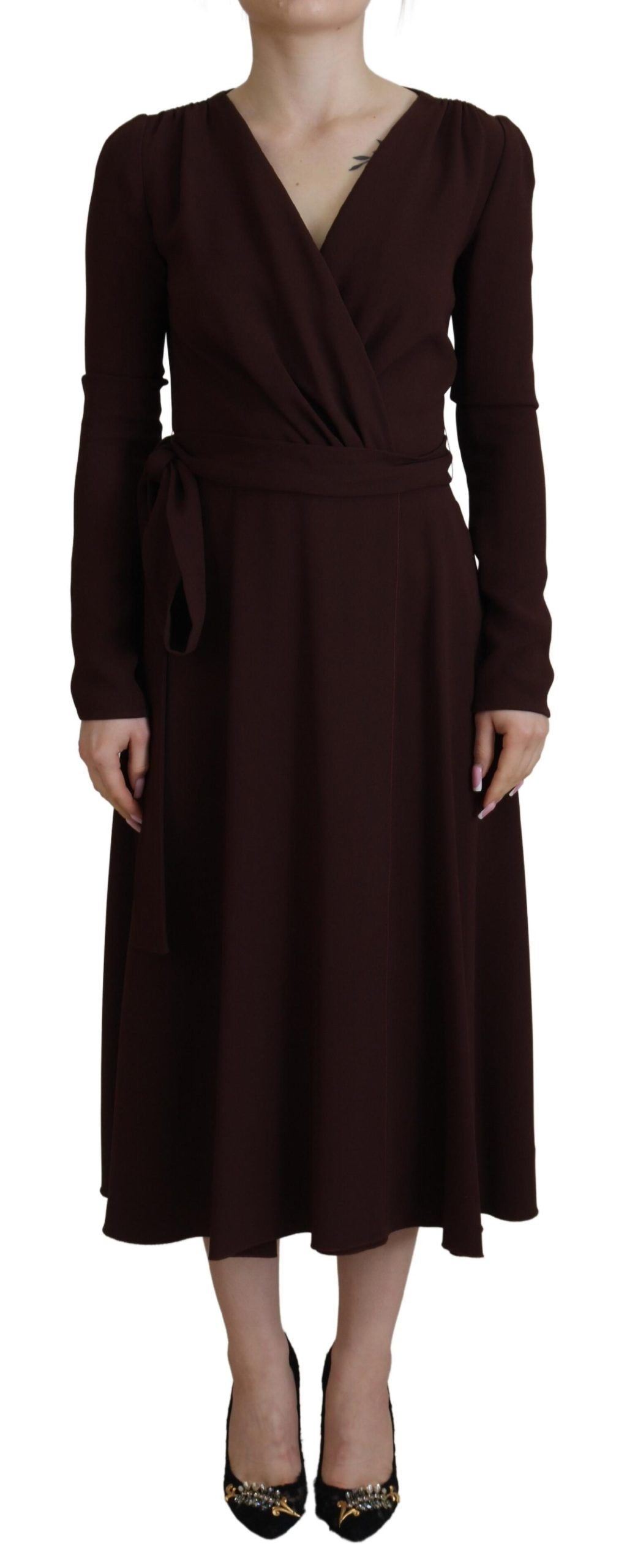 Brown Wrap Long Sleeve Midi Stretch Dress - ventzia