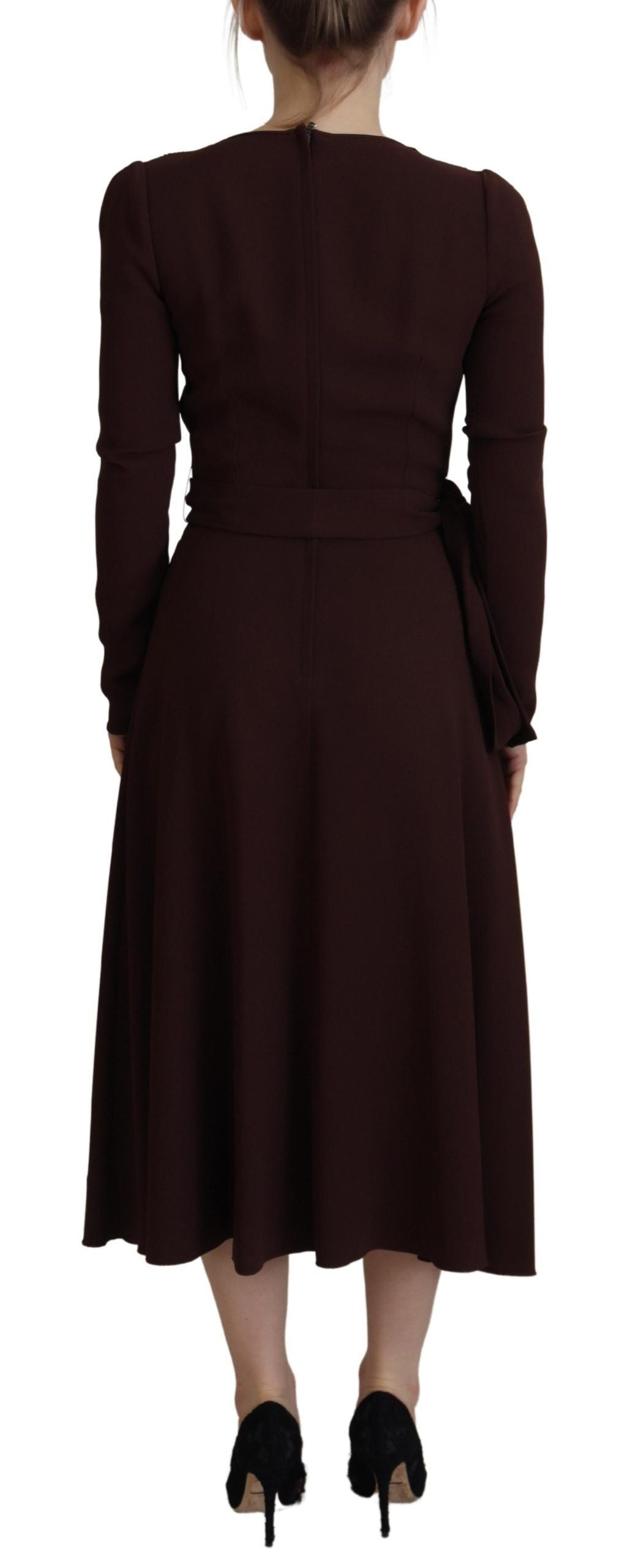 Brown Wrap Long Sleeve Midi Stretch Dress - ventzia