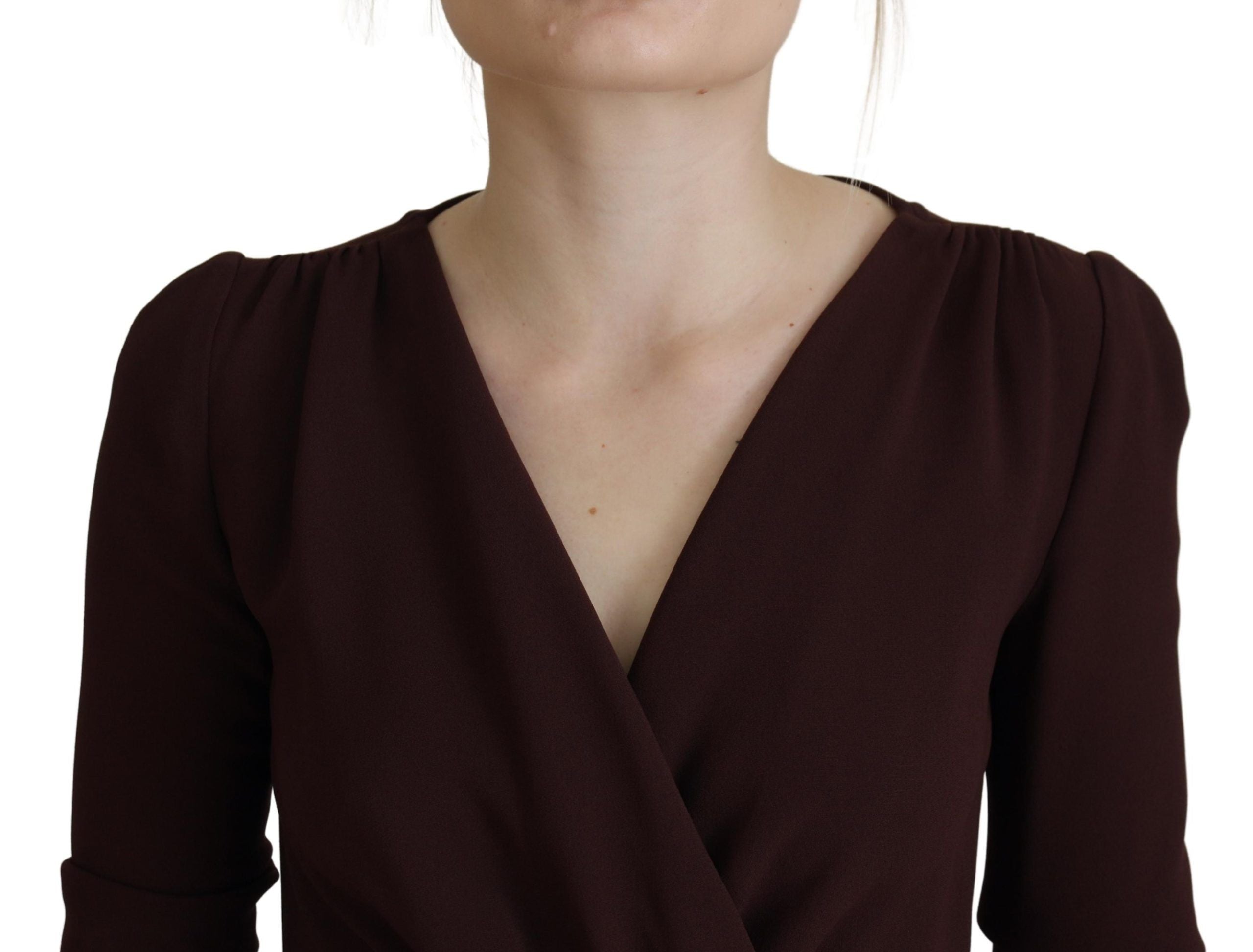 Brown Wrap Long Sleeve Midi Stretch Dress - ventzia