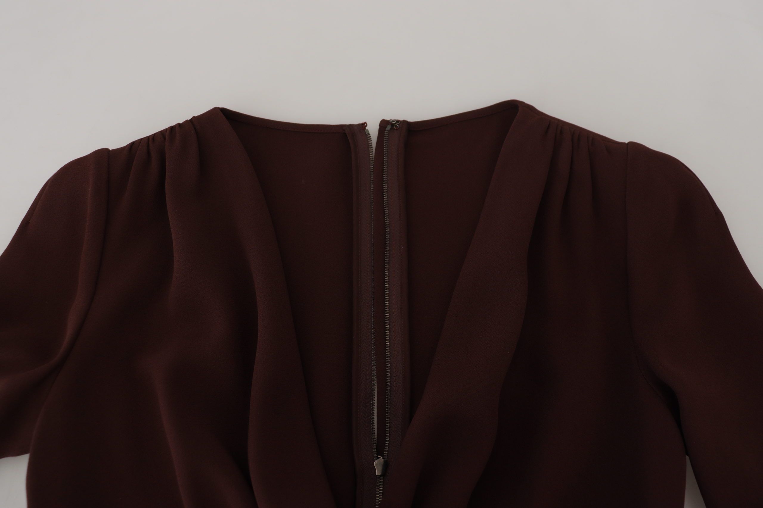 Brown Wrap Long Sleeve Midi Stretch Dress - ventzia