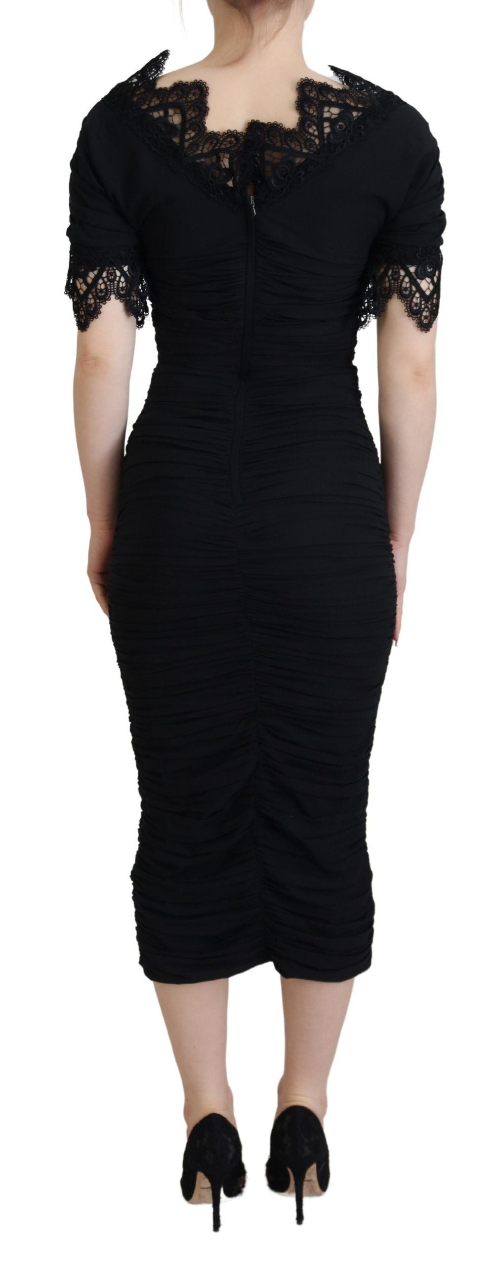 Black Sheath Midi Bodycon Lace Silk Dress - ventzia