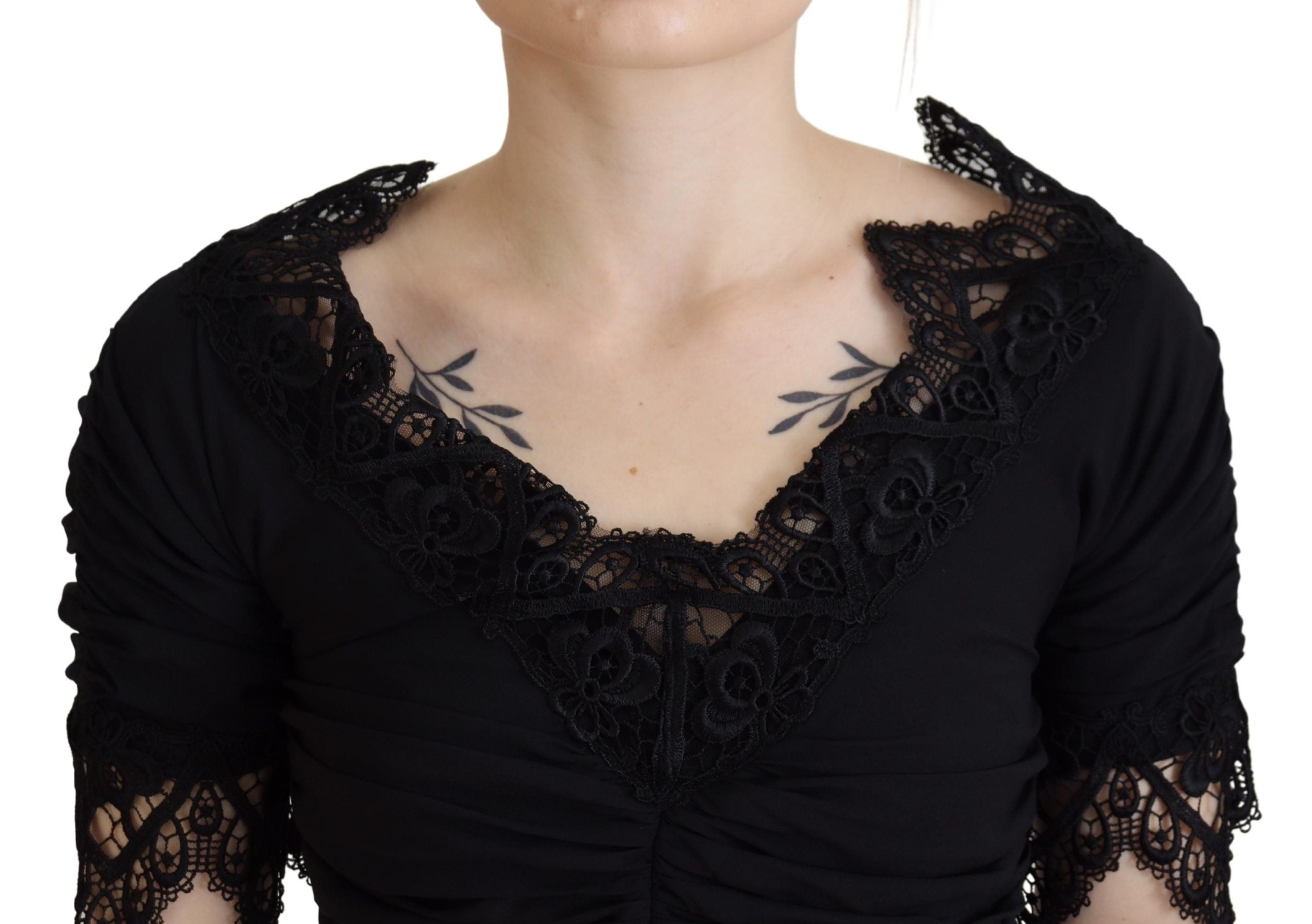 Black Sheath Midi Bodycon Lace Silk Dress - ventzia