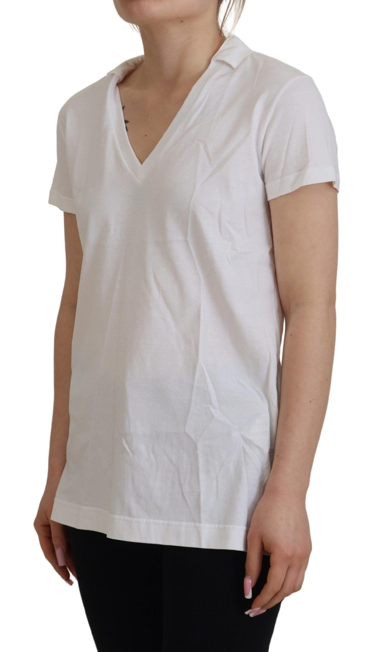 White Short Sleeve V-neck Cotton Top Blouse T-shirt - ventzia
