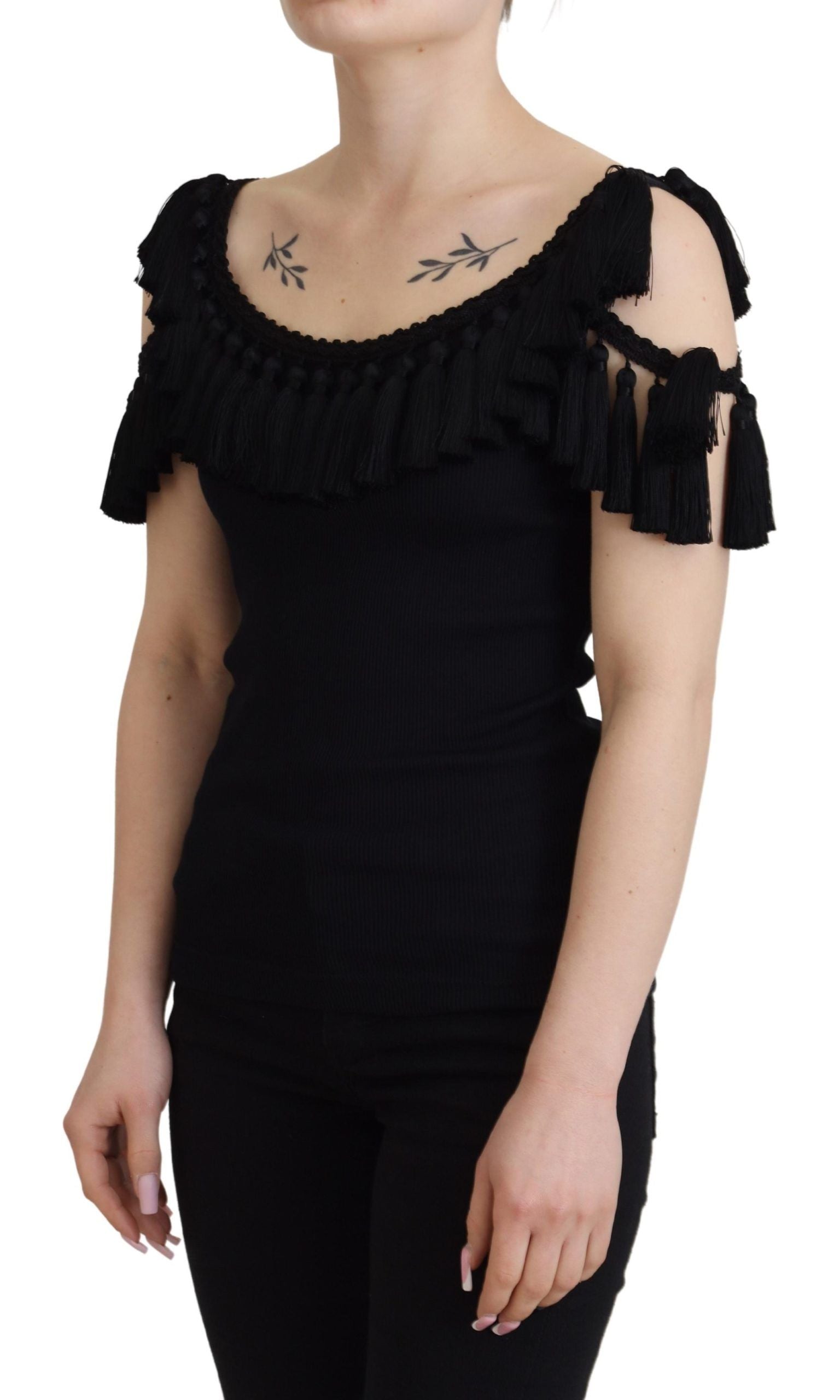 Black Tank Top Blouse Tassle Cotton Blouse - ventzia