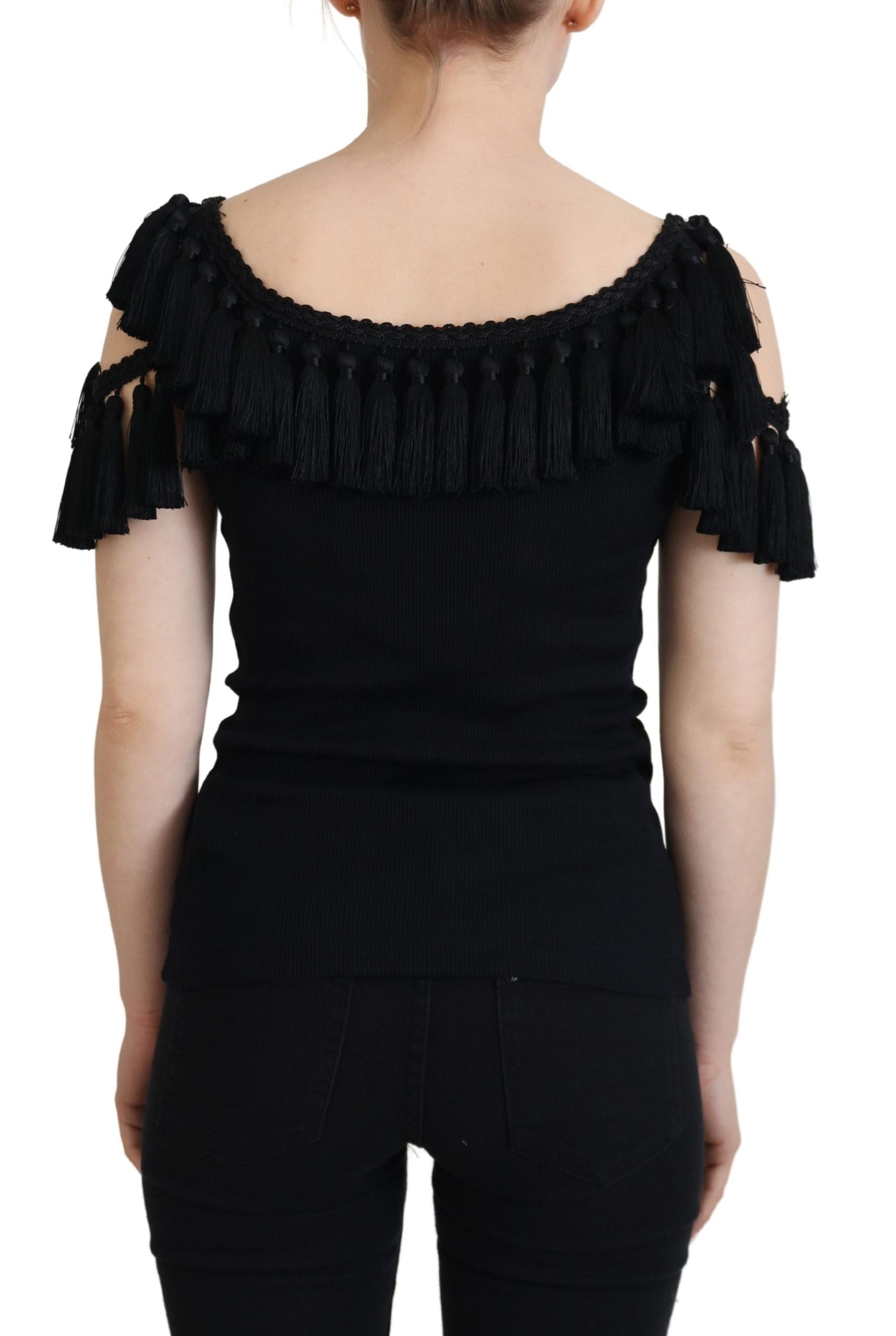 Black Tank Top Blouse Tassle Cotton Blouse - ventzia
