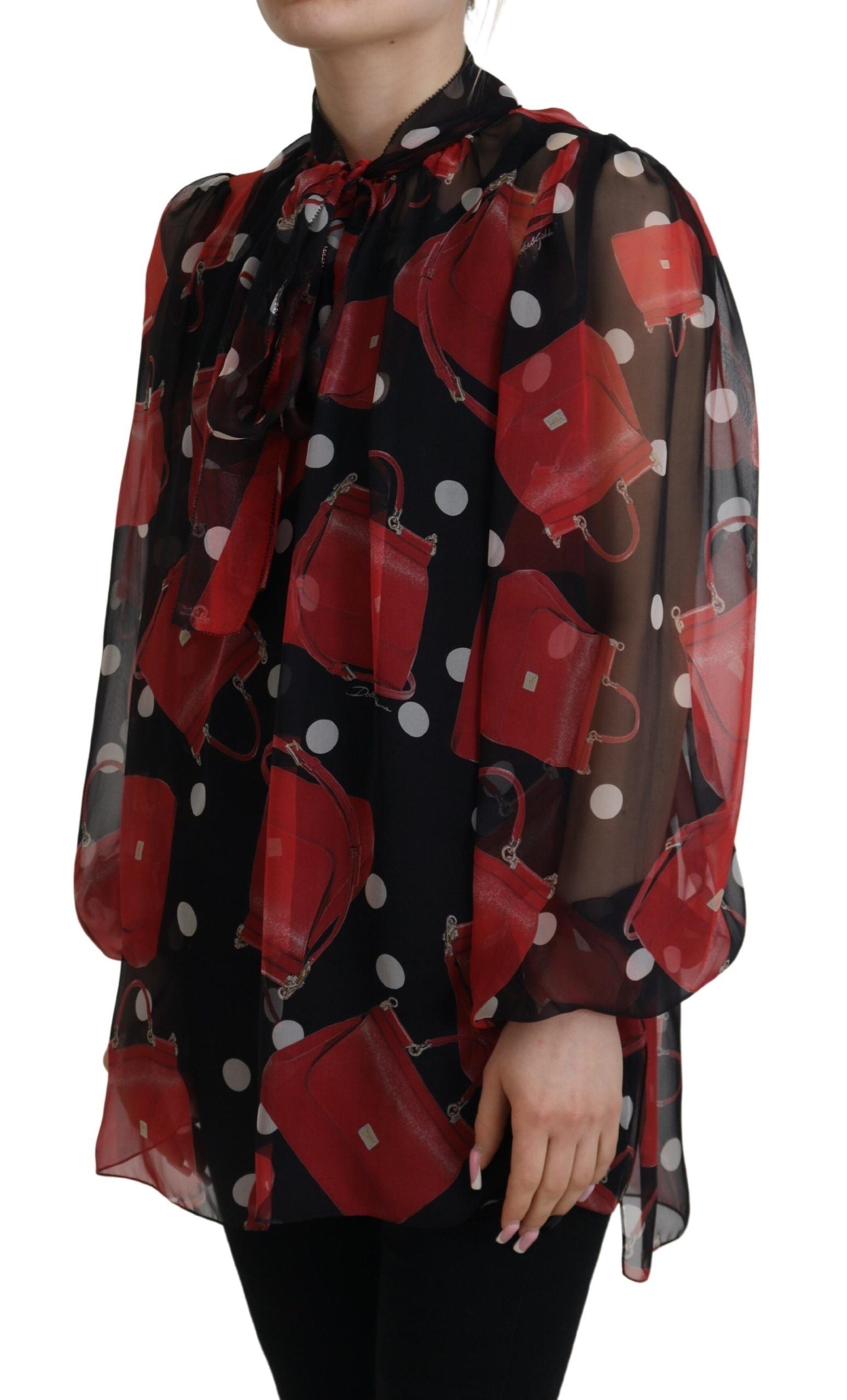 Black Red Sicily Bag Silk Shirt Top Blouse - ventzia
