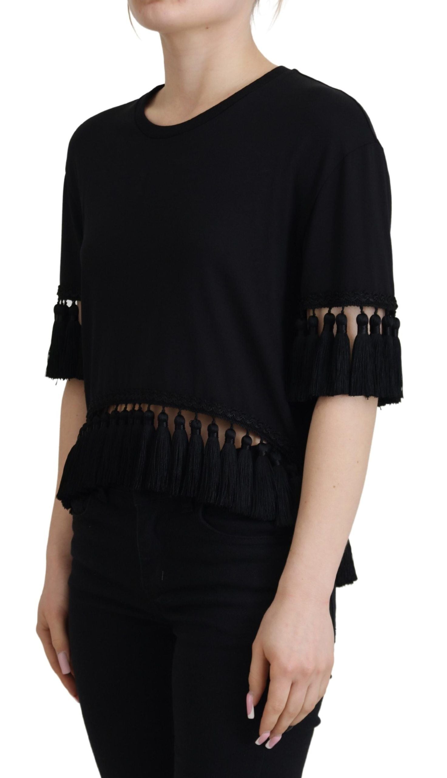 Black T-shirt Blouse Tassle Cotton Blouse - ventzia