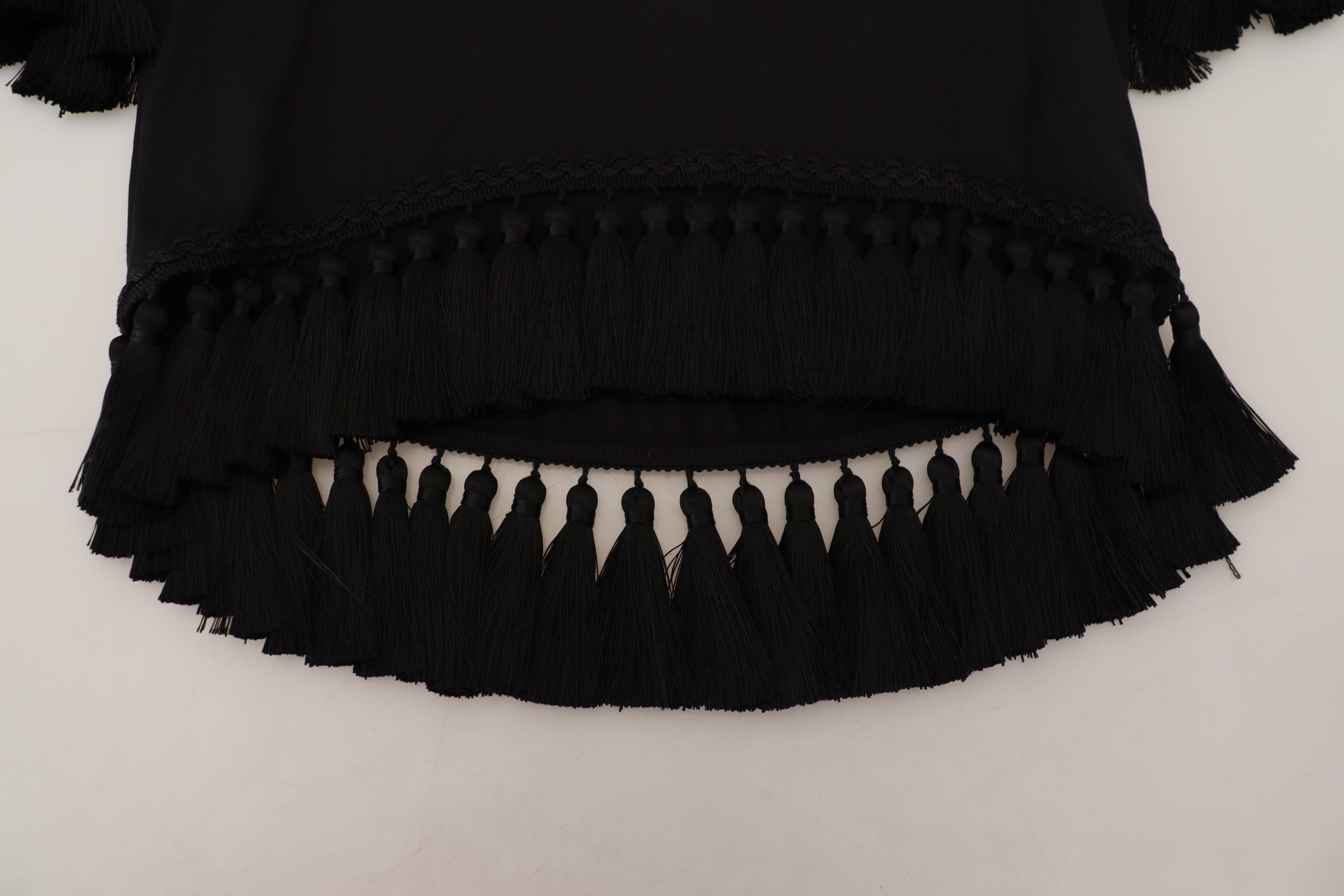 Black T-shirt Blouse Tassle Cotton Blouse - ventzia