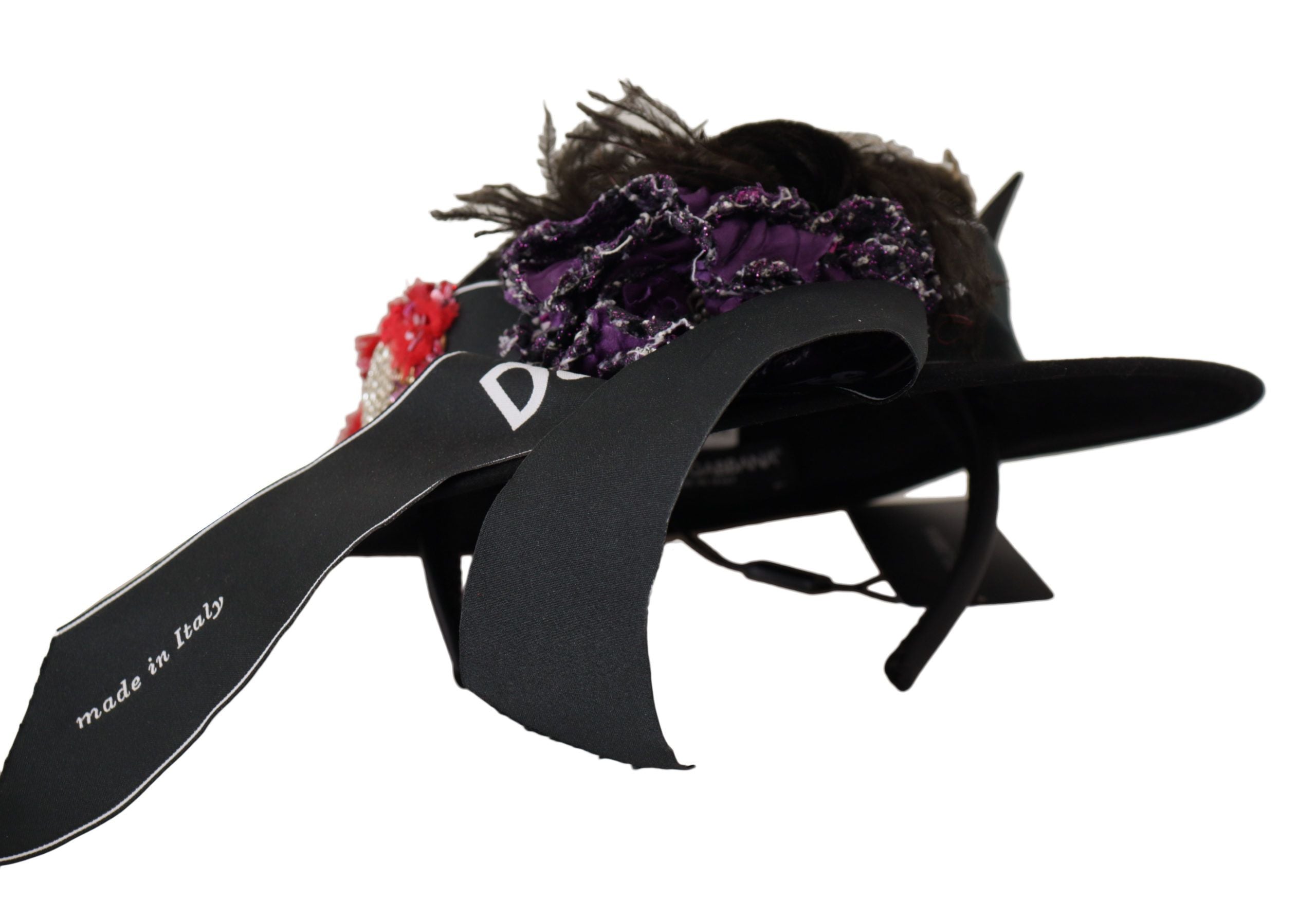 Black Lapil Crystal Heart Feather Brooch Fedora Hat - ventzia