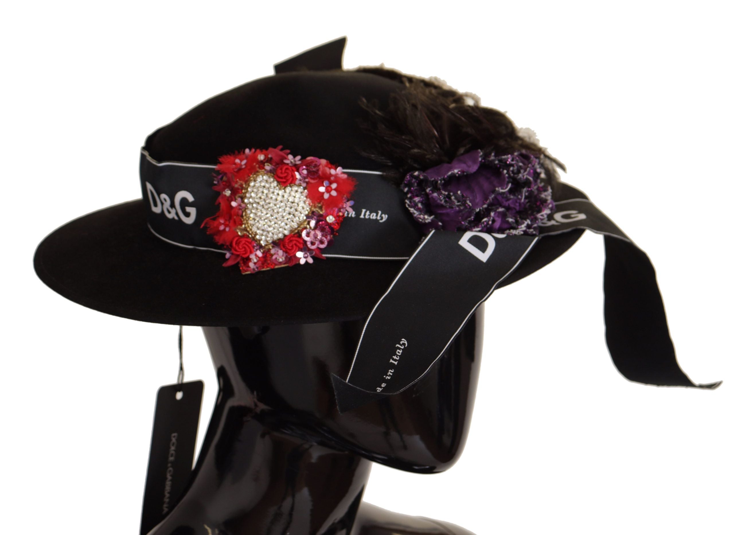 Black Lapil Crystal Heart Feather Brooch Fedora Hat - ventzia
