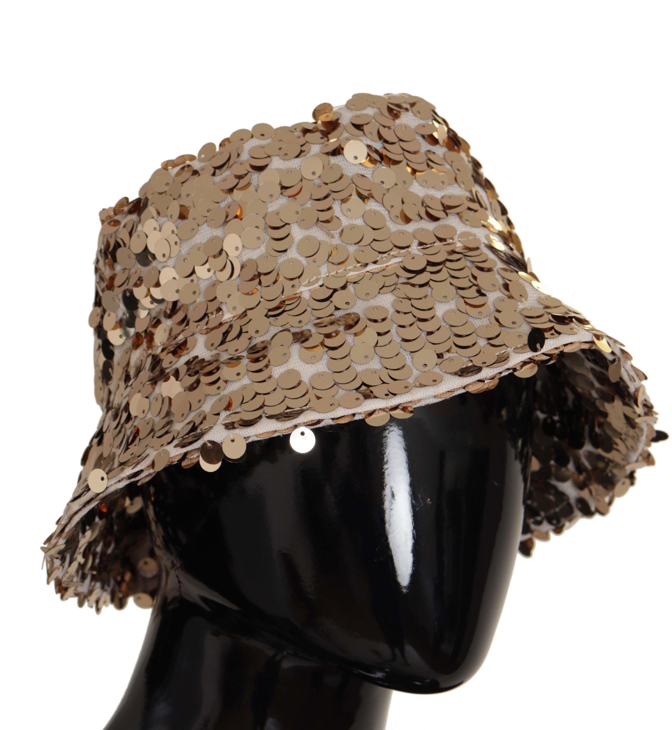 Gold Silk Sequin Embellished Designer Brim Bucket Hat - ventzia