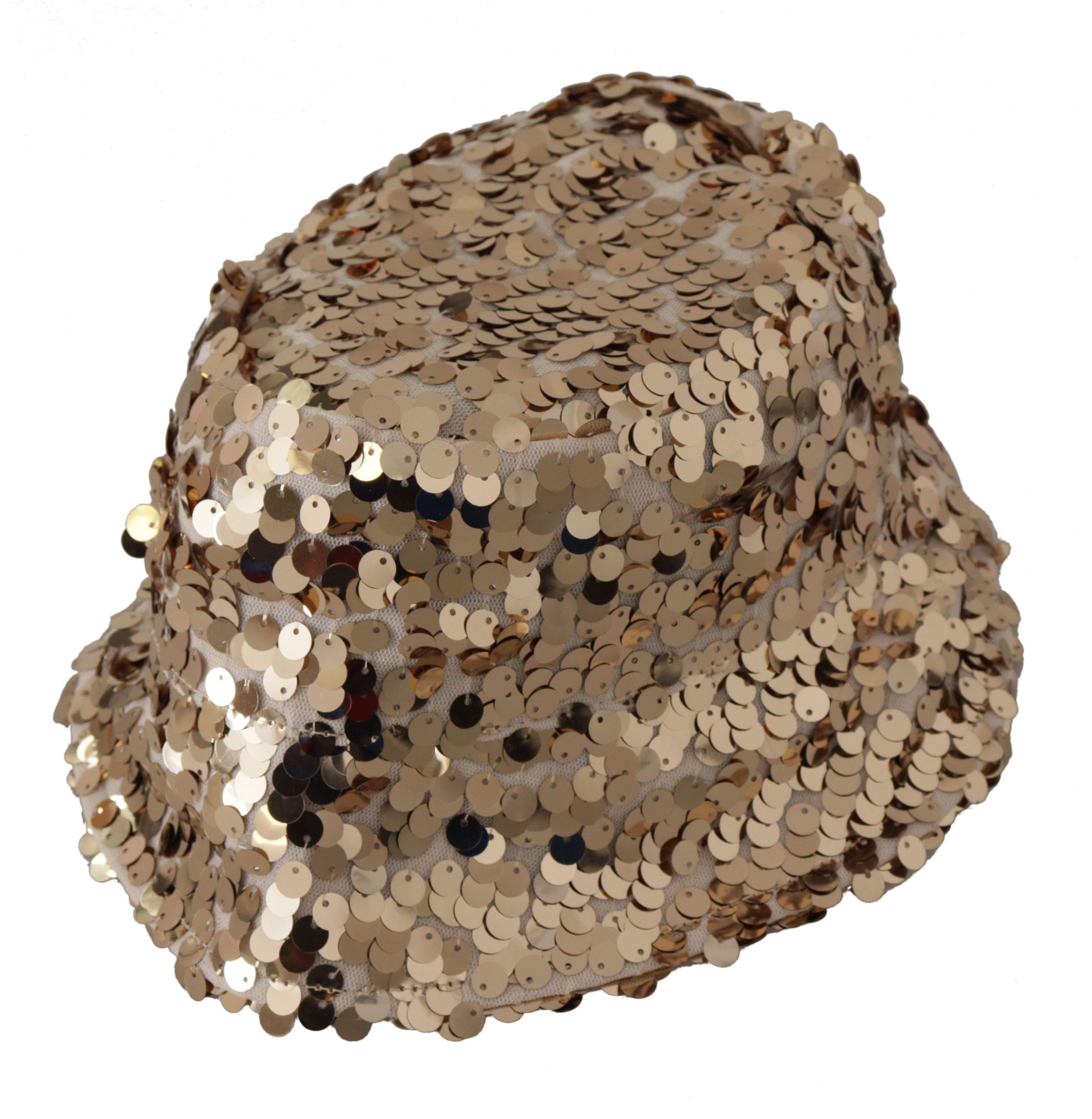 Gold Silk Sequin Embellished Designer Brim Bucket Hat - ventzia