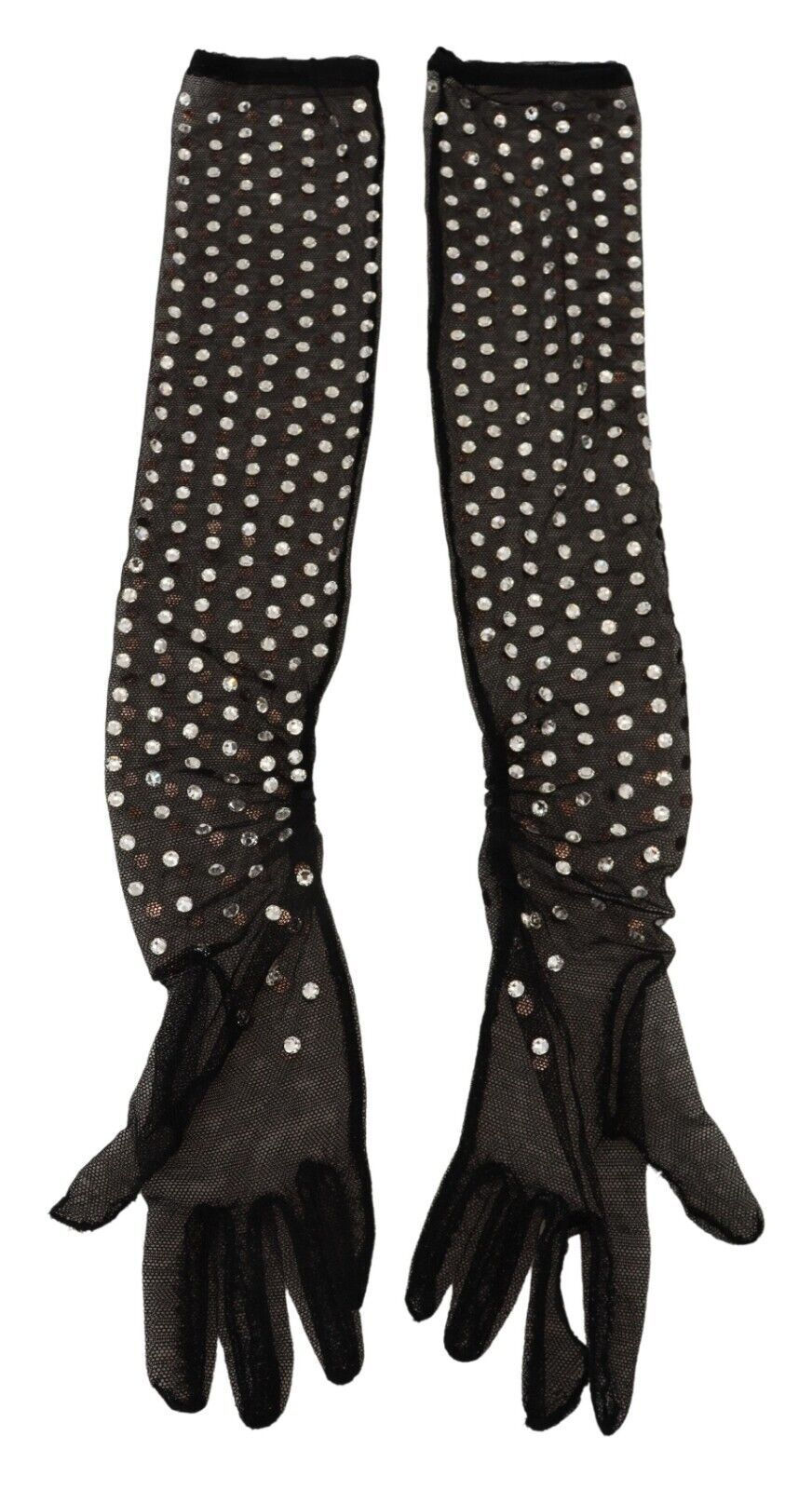 Black Crystal Elbow Length Cotton Tulle Gloves - ventzia