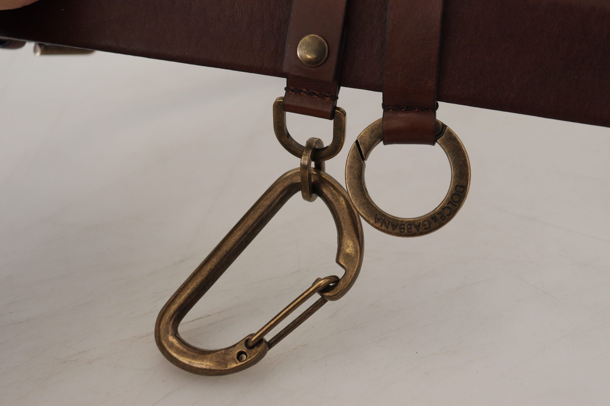 Brown Leather Gold Metal Buckle Carabiner Belt - ventzia