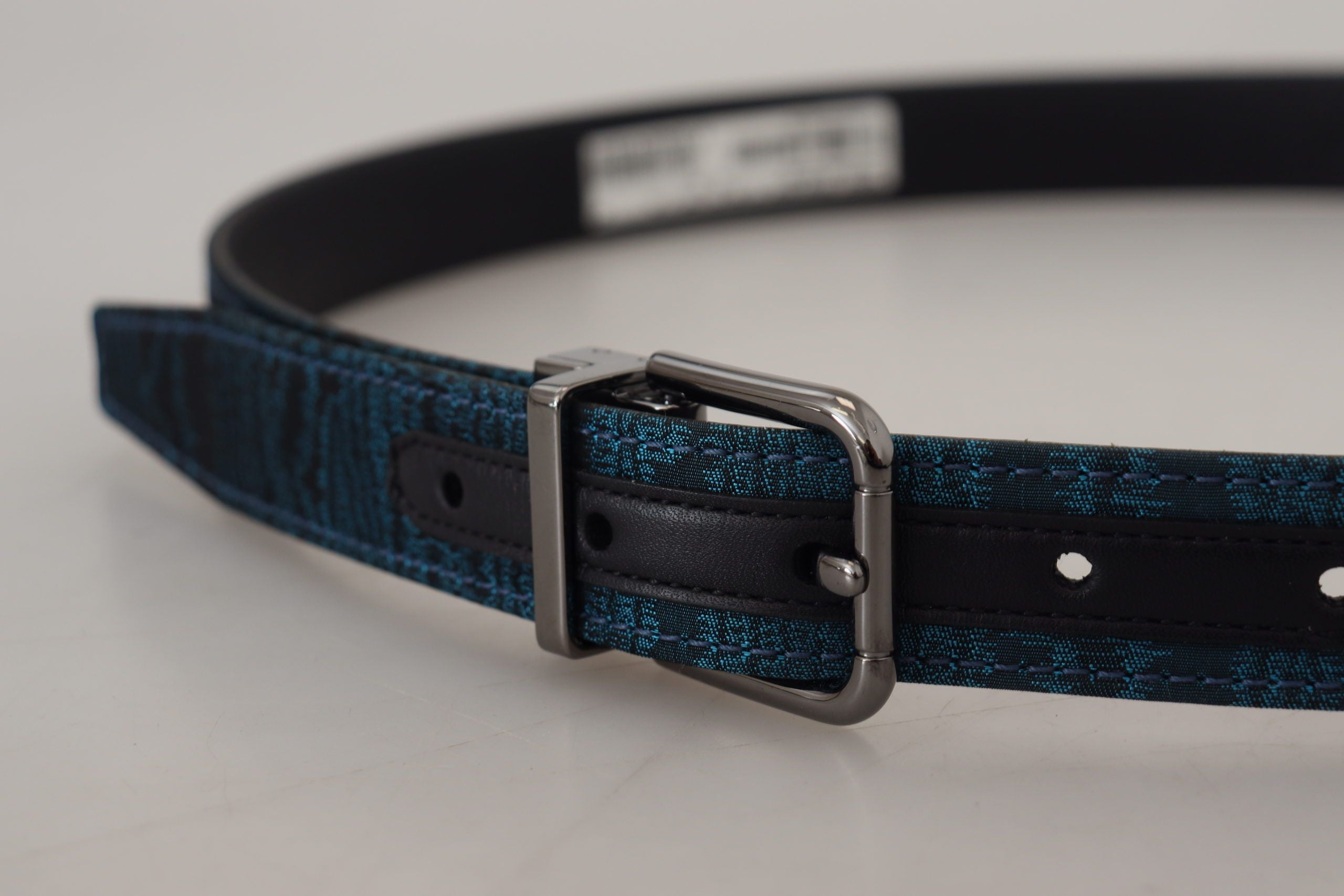 Blue Jacquard Moire Silver Metal Belt Men - ventzia