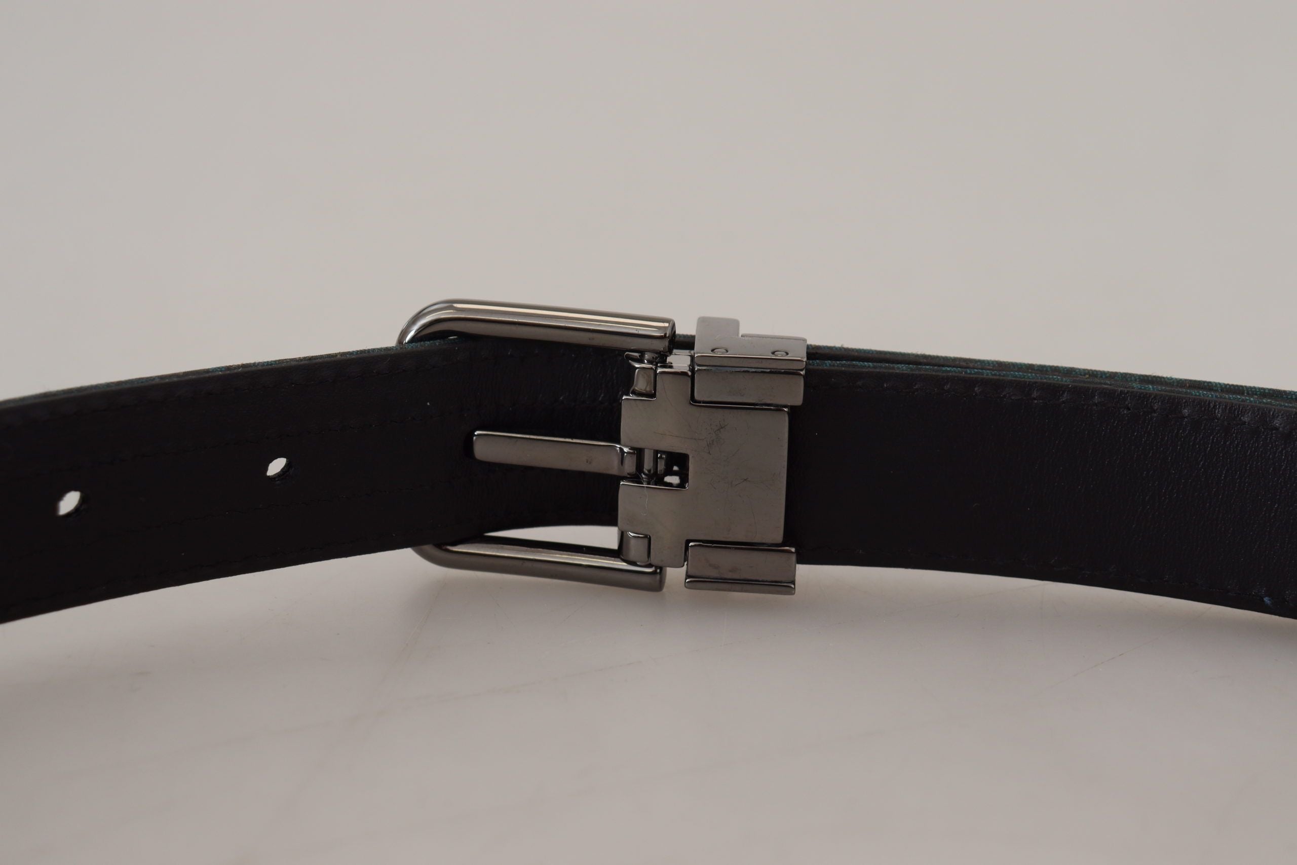 Blue Jacquard Moire Silver Metal Belt Men - ventzia