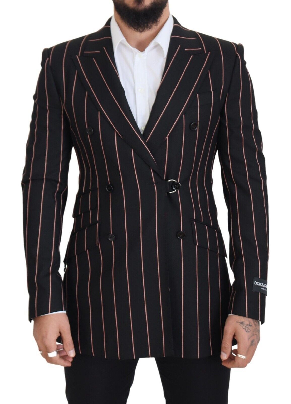 Black Stripes Viscose Double Breasted Blazer - ventzia