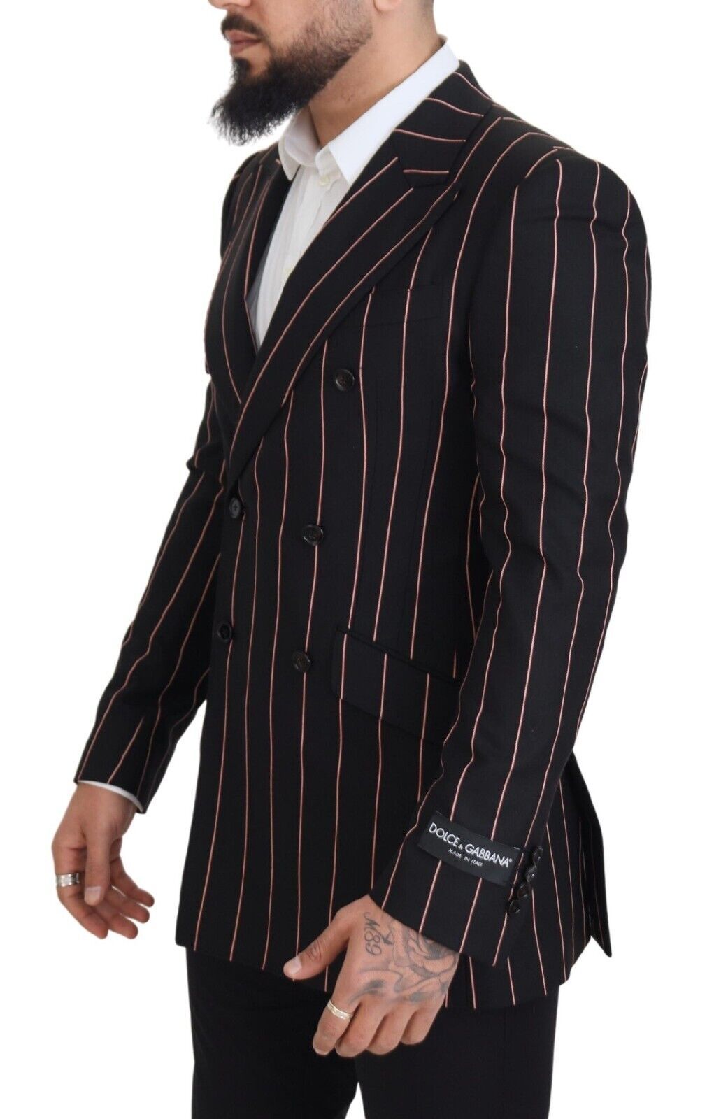 Black Stripes Viscose Double Breasted Blazer - ventzia