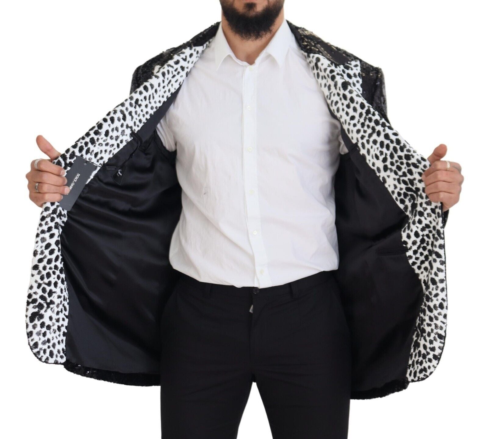 Black Sequined Cow Pattern Nylon Blazer - ventzia