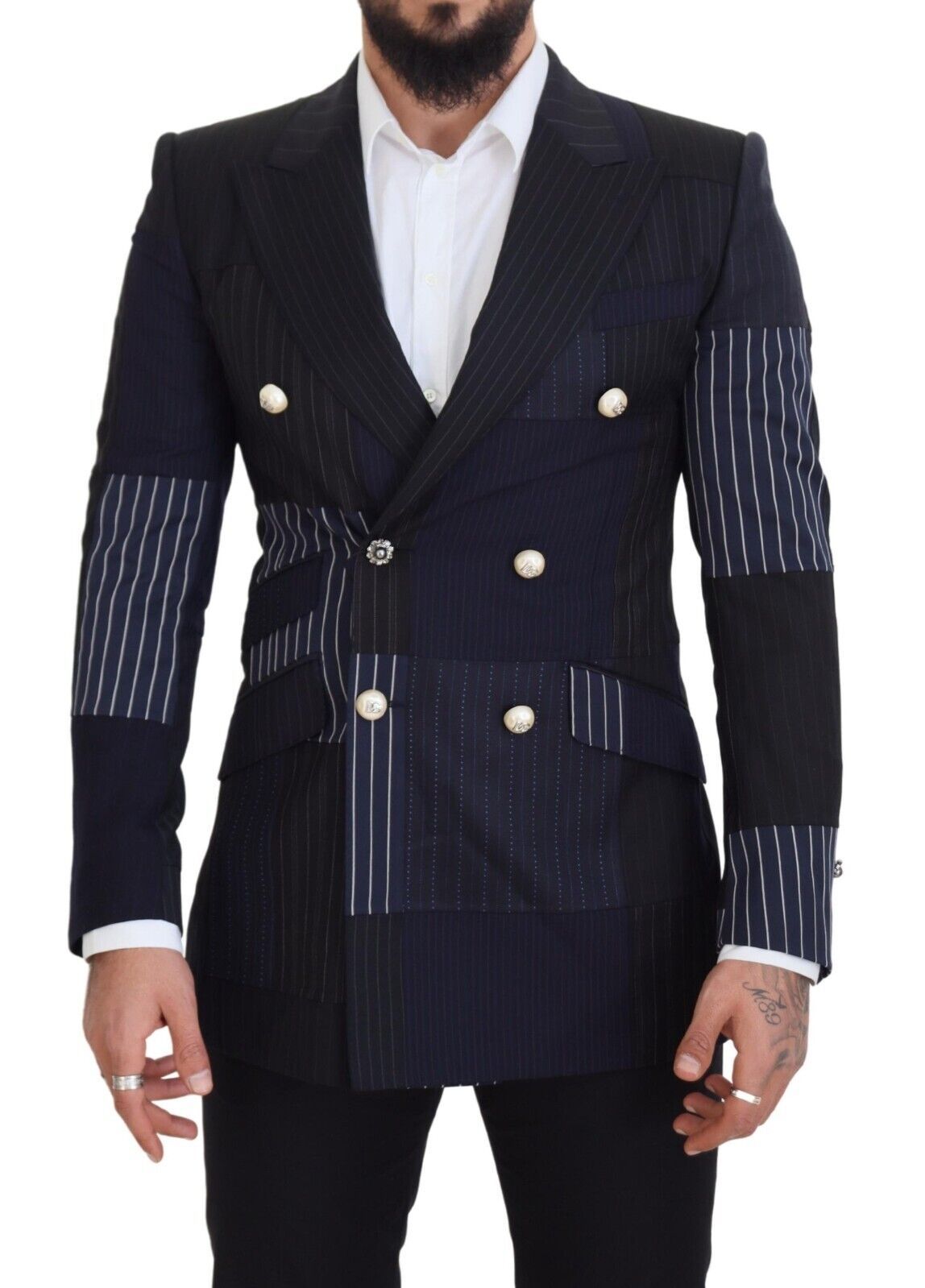 Blue Wool Patchwork Double Breasted Blazer - ventzia