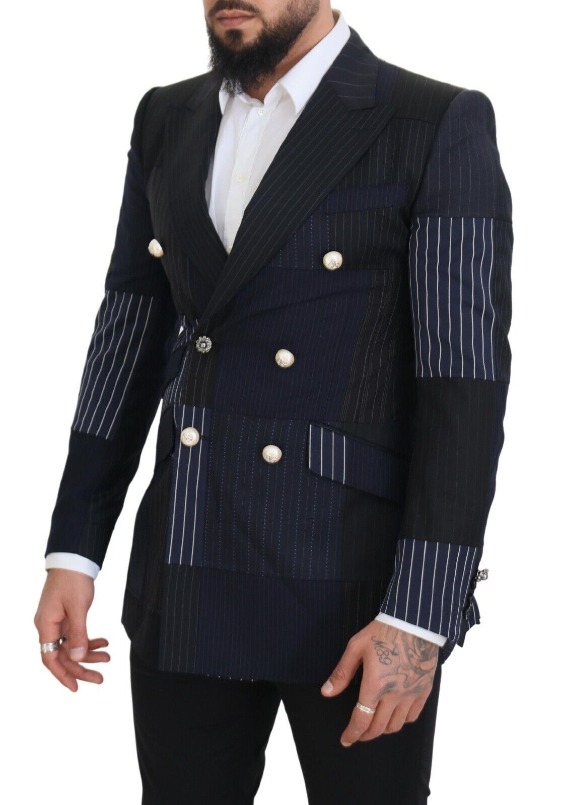 Blue Wool Patchwork Double Breasted Blazer - ventzia