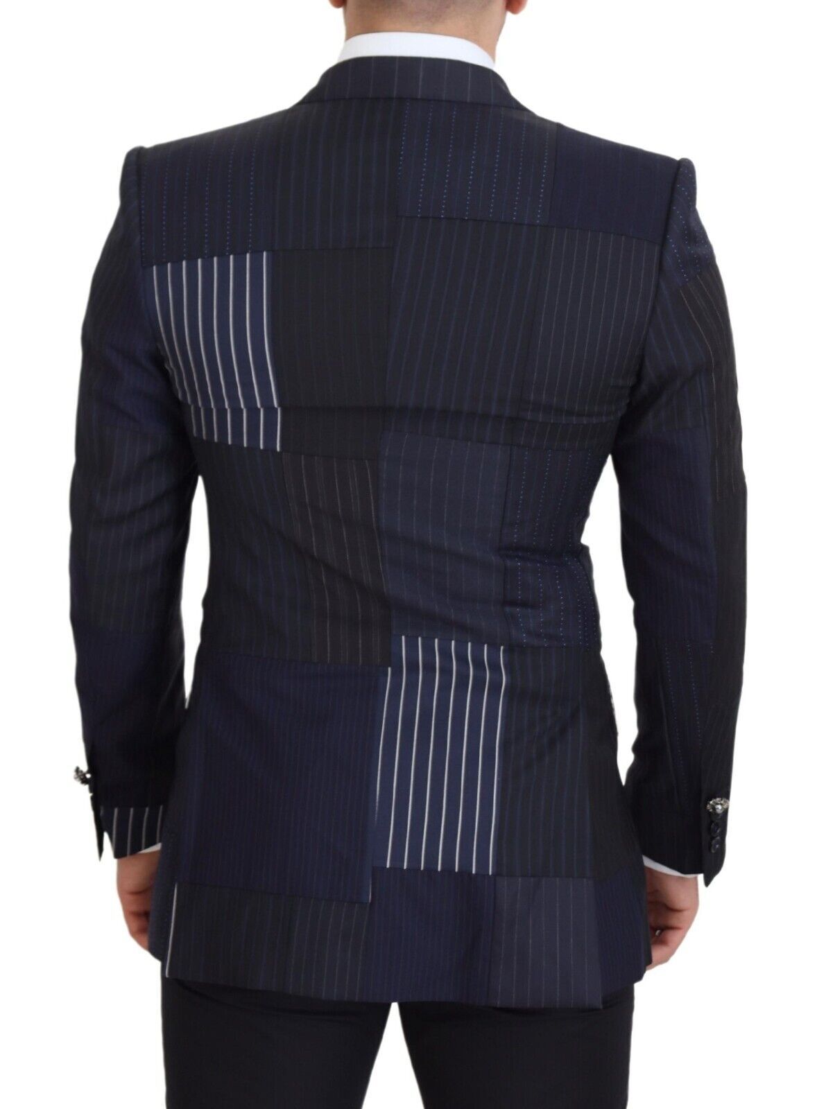 Blue Wool Patchwork Double Breasted Blazer - ventzia