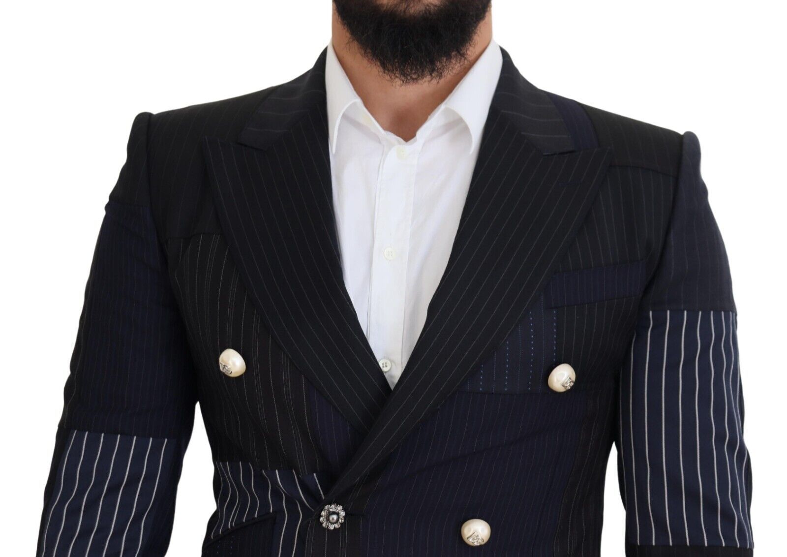 Blue Wool Patchwork Double Breasted Blazer - ventzia
