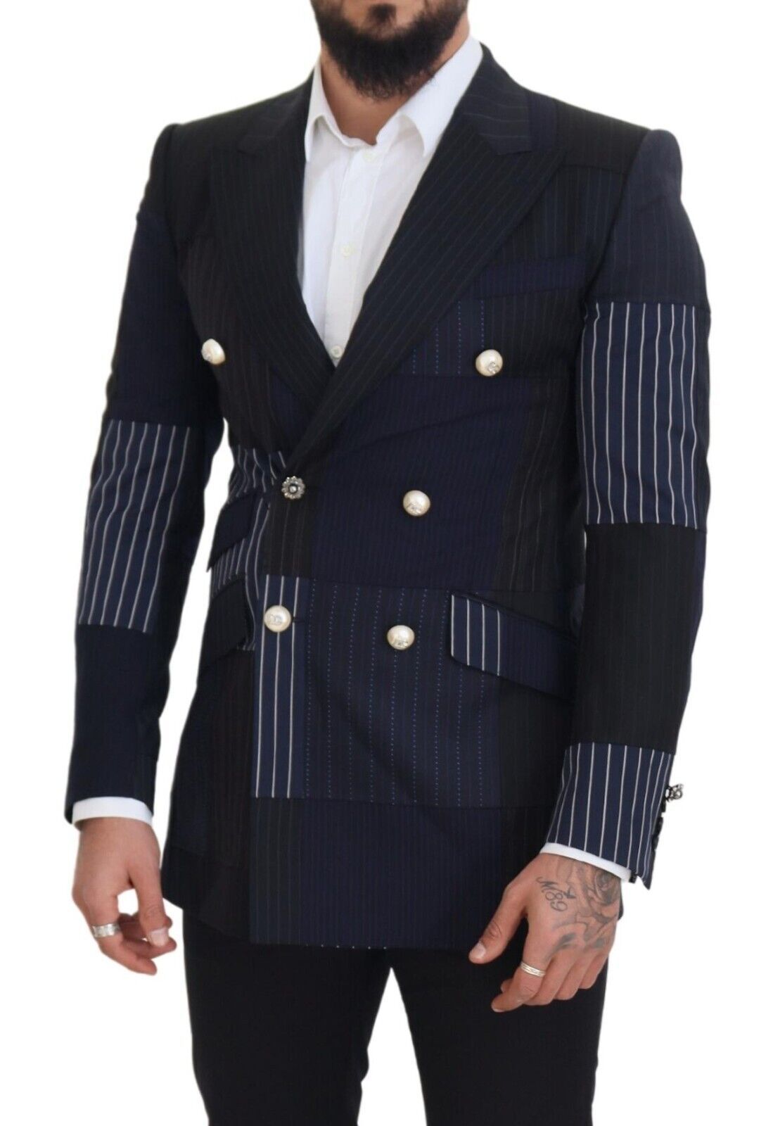 Blue Wool Patchwork Double Breasted Blazer - ventzia