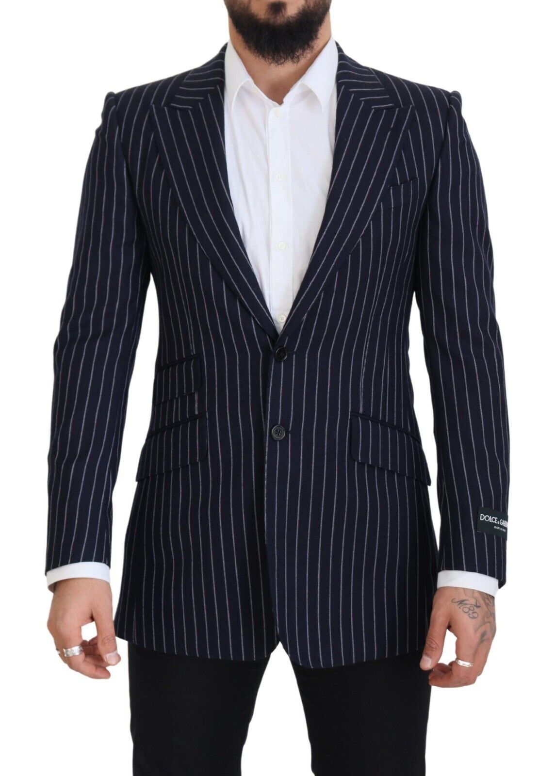 Dark Blue Stripe Wool Single Breasted Blazer - ventzia