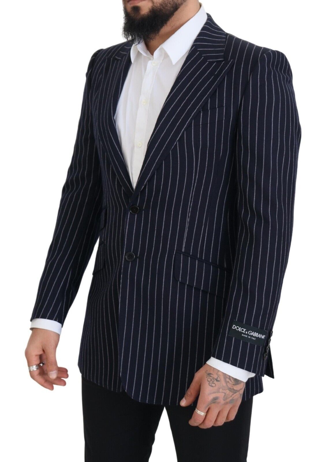 Dark Blue Stripe Wool Single Breasted Blazer - ventzia