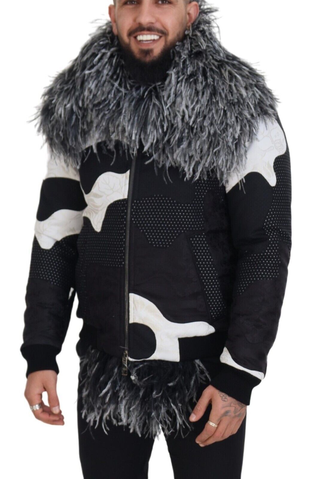 Black White Fur Shearling Full Zip Jacket - ventzia