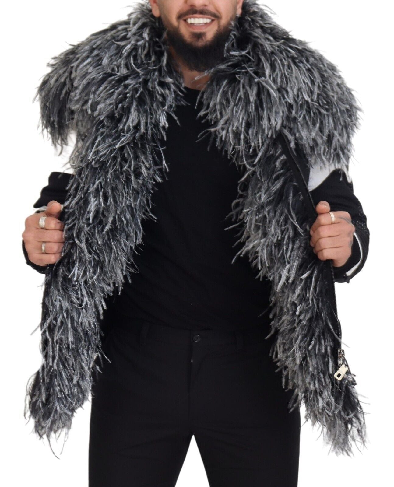 Black White Fur Shearling Full Zip Jacket - ventzia